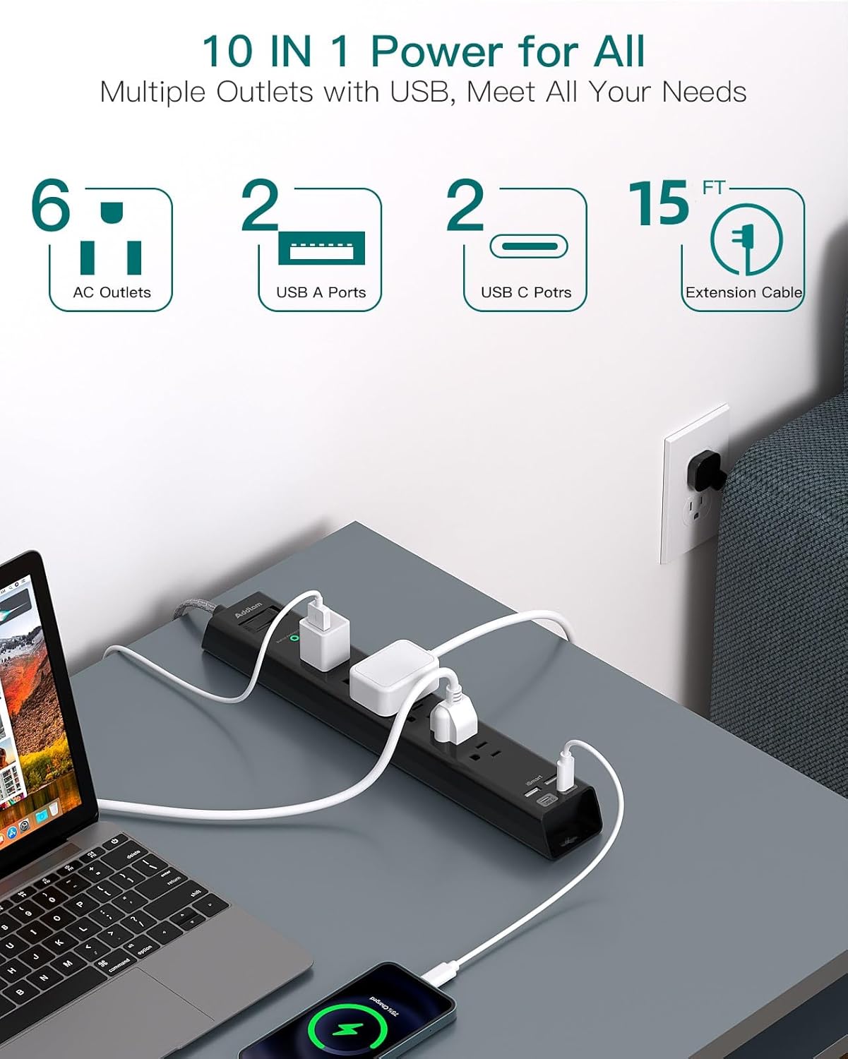Surge Protector Power Strip 15 Ft Cord, Ultra Thin Flat Extension Cord with 6 Outlets 4 USB Ports(2 USB C), Flat Plug Power Strip, 15 Ft Long Power Cord, Home Office College Dorm Room Essentials