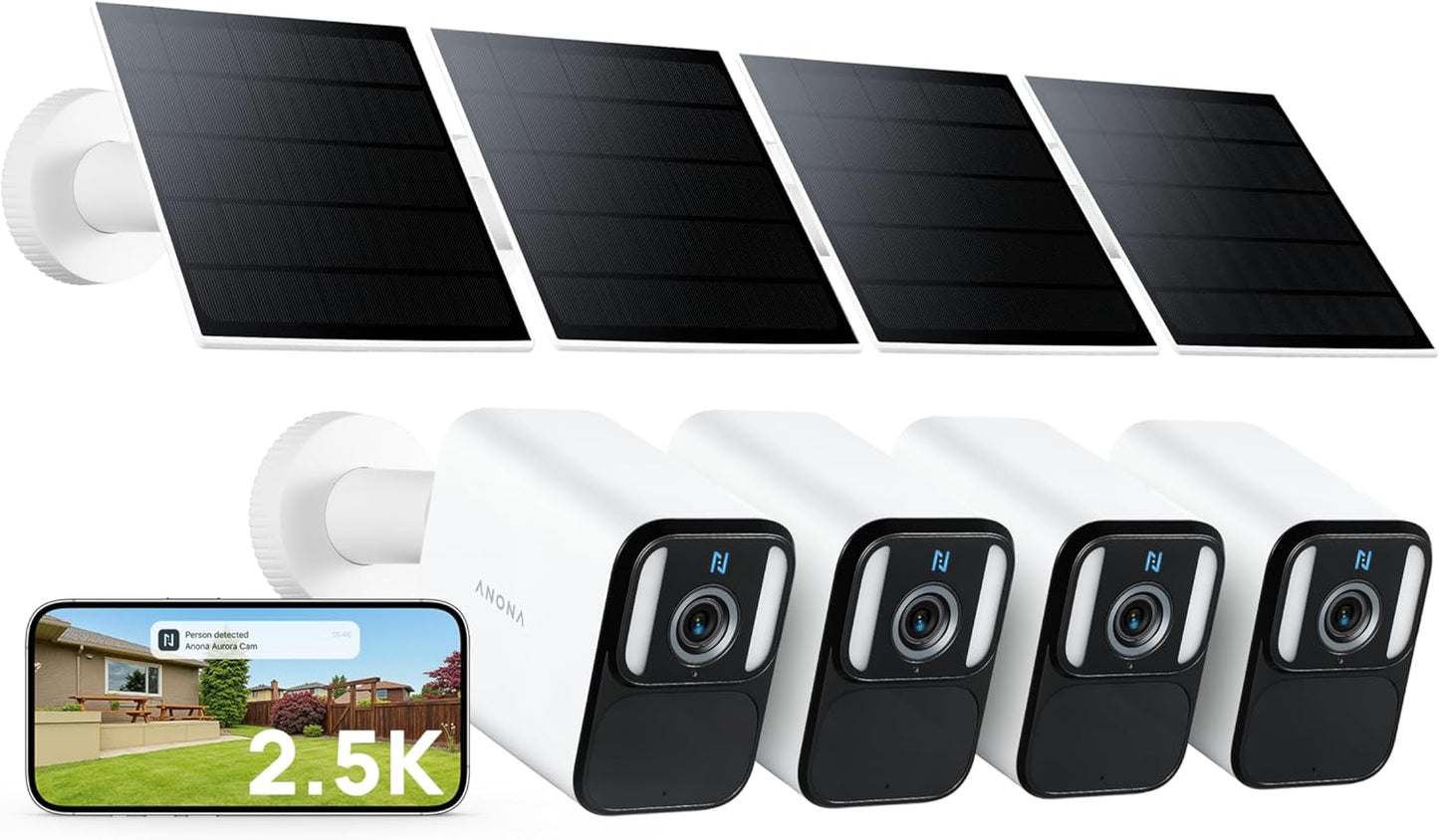 Anona Lucio 2.5K Security Camera Outdoor Battery Wireless with Solar Powered, Color Night Vision & 138° FOV, Multi-Object Detection, No Hub Needed, Two-Way Audio, IP67, 4 Pack