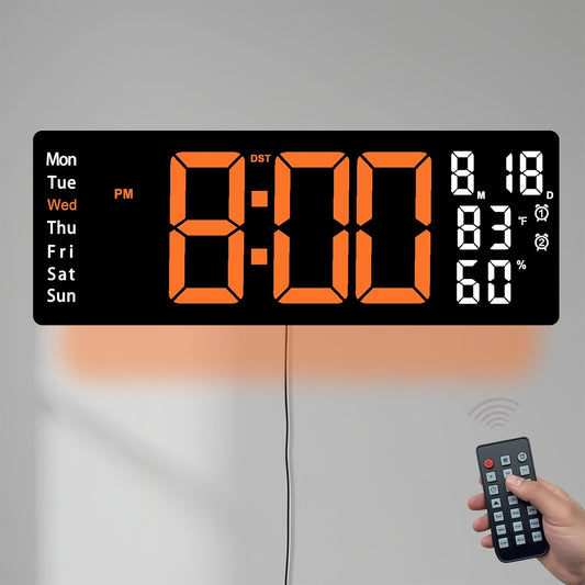 17.5 Inch Orange LED Digital Wall Clock with 8 Ambient Light Colors｜Displays Time,Date,Day,Temperature&Humidity,Dual Alarms,Countdown&Stopwatch,DST,10-Level Auto/Manual Brightness｜Modern Silent Clock