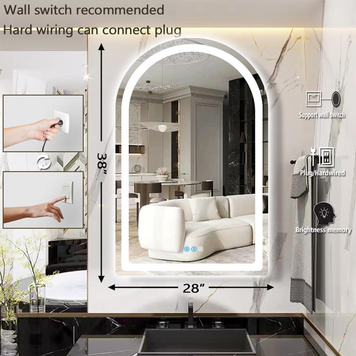 THEKLA 28 x 38 Inch LED Arched Bathroom Mirror with Lights Arch LED Mirror for Bathroom Wall Arched Lighted Mirror AntiFog Dimmable 3 Color 38 Smart LED Light up Table Vanity Arch Mirror with Light