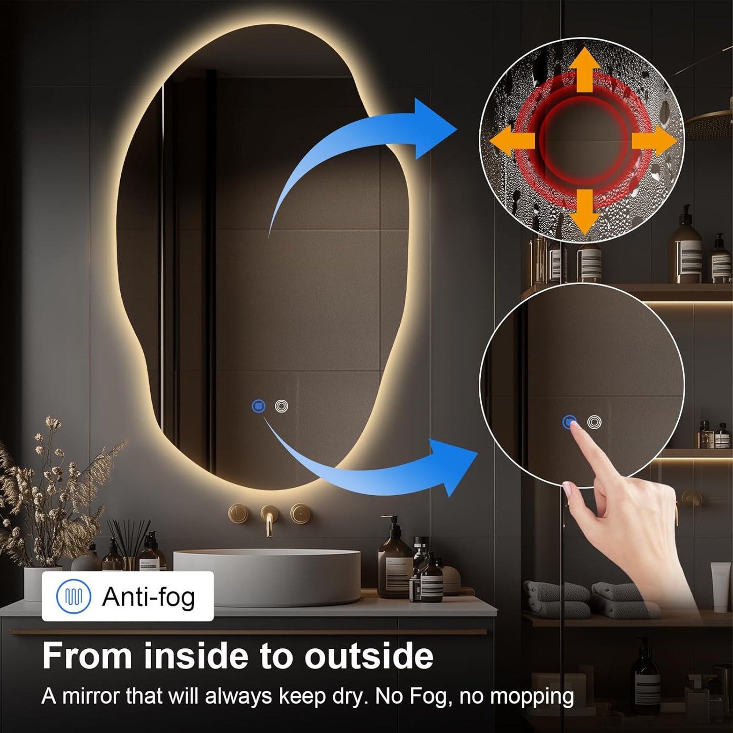 Asymmetrical LED Bathroom Mirror with Lights,Irregular Led Bathroom Vanity Mirror for Wall with Backlit, Anti Fog, 3 Colors and Dimmable Light,[Horizontal/Vertical] 48" H x 30" W
