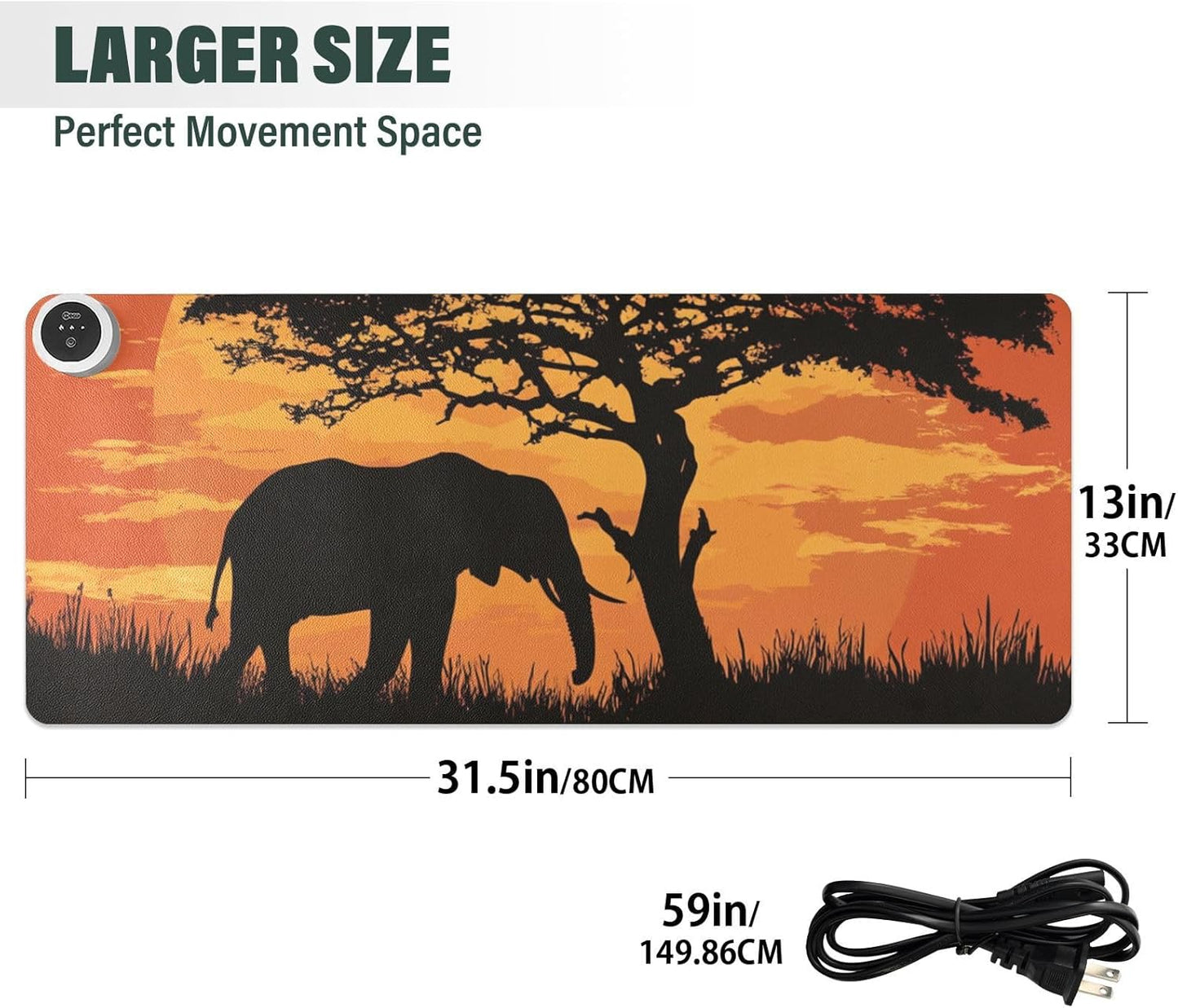 Heated Desk Pad Mouse Pad 31.5x13 Inch PU Leather Desk Mat with 3 Heat Levels Large Mouse Gaming Computer Laptop Mat Elephant Silhouette Sunset Red