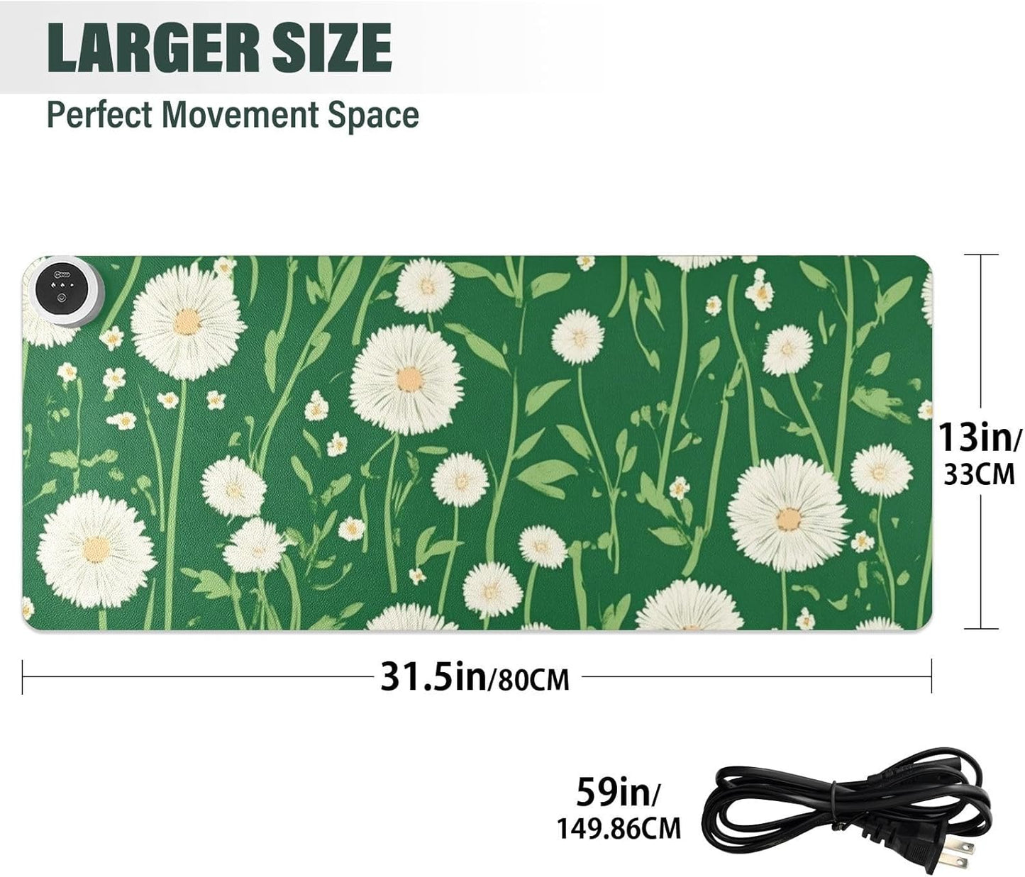 Heated Desk Pad Mouse Pad 31.5x13 Inch PU Leather Desk Mat with 3 Heat Levels Large Mouse Gaming Computer Laptop Mat Green Dandelion and Daisy