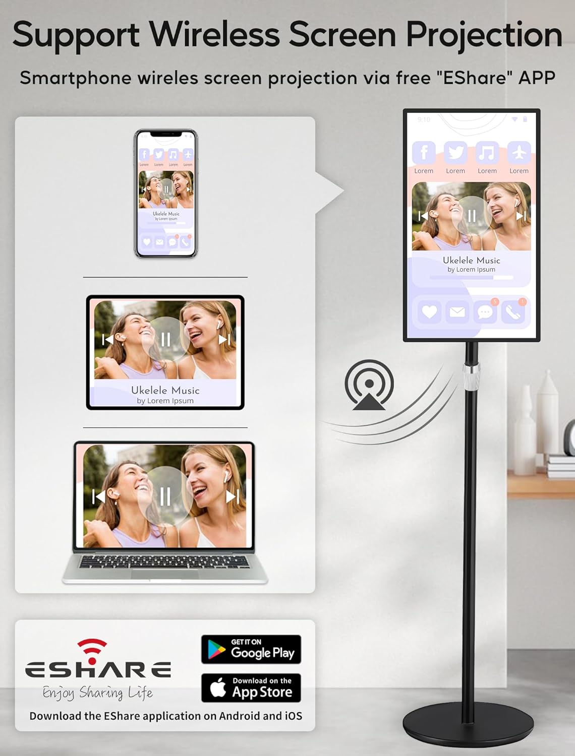 15.6" Digital Signage with Battery, Capacitive Touchscreen Advertising Display, Commercial LCD Monitor with Stand, Auto Play, Wireless Screen Mirroring, 2+32GB, Black