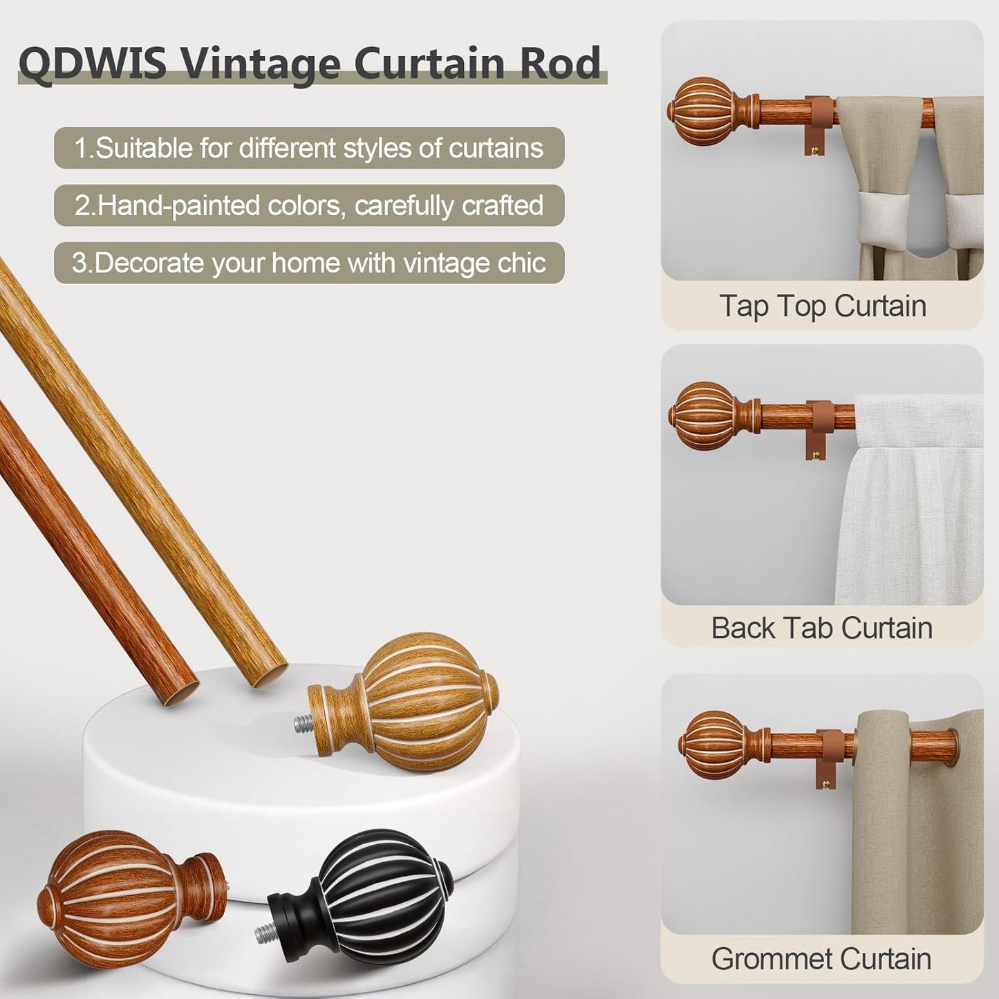 2 Pack Reddish-Brown Wood Curtain Rods for Windows 48 to 84 Inch, 1'' Adjustable Heavy Duty Curtain Rod，Vintage Imitation Wood Decorative Drapery Rods with Pumpkin Finials for Living Room