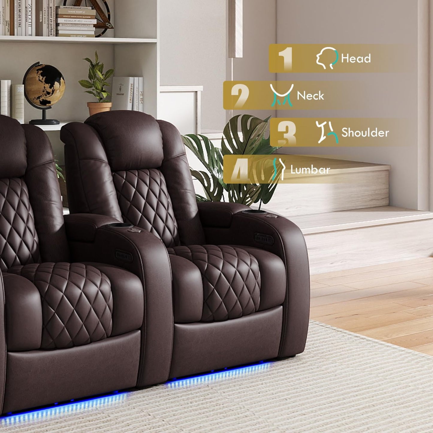 Weilianda Home Theater Seating Top Grain Leather Zero Gravity Recliner Chair Power Headrest Recline Movie Seat Gaming 7 Colors Mood Light Sofa with Tray Table USB Charge Row of 5 Loveseat Left Brown