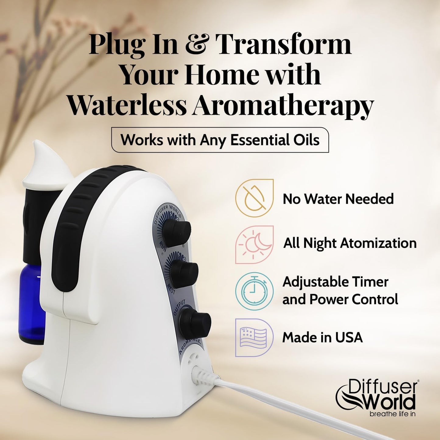 1000 Sq Ft Waterless Diffuser for Essential Oils, Made in USA Black Waterless Aroma Atomizer for Large Room Fragrance, Home Scent Machine, Air Aromatherapy Holiday
