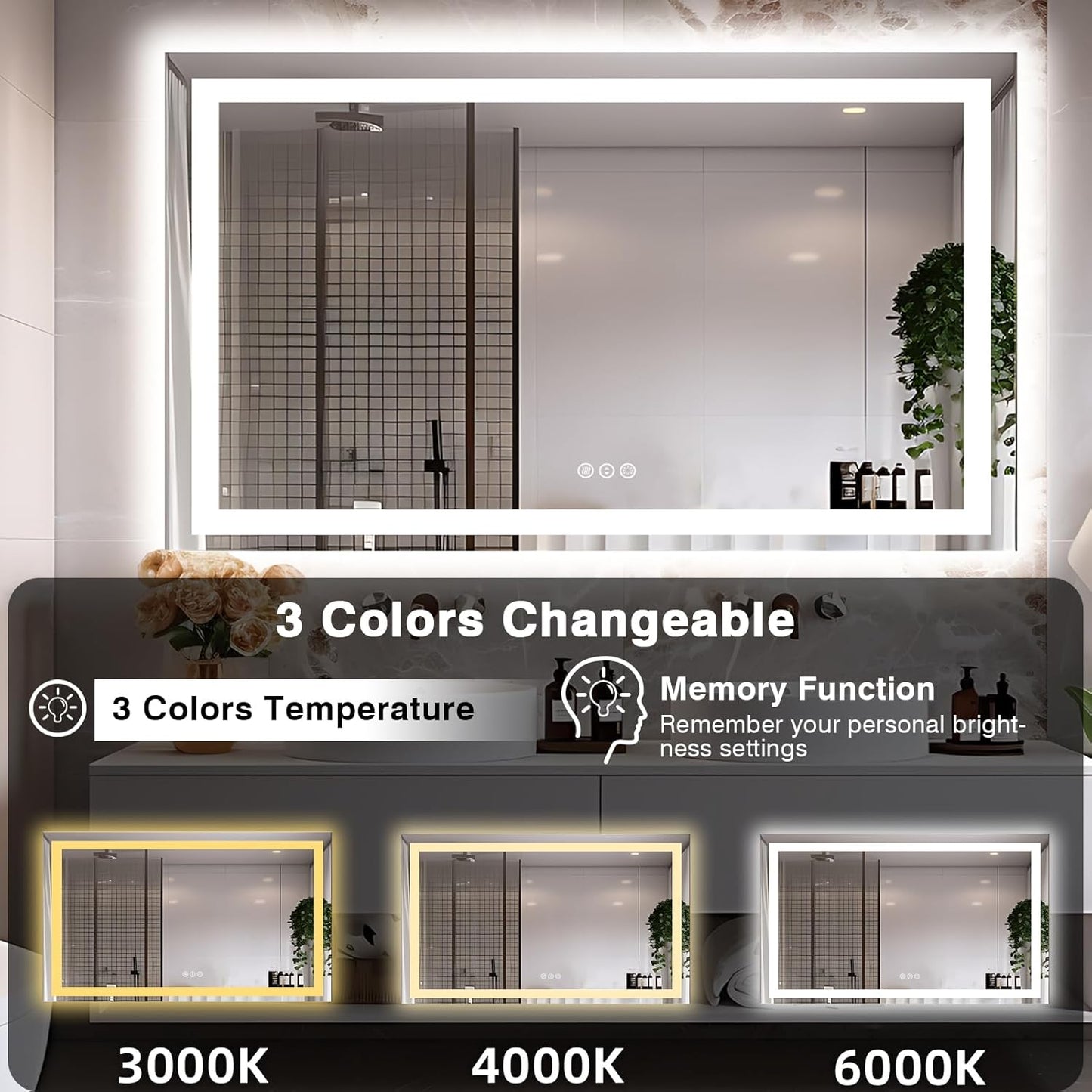 60"x40" LED Mirror for Bathroom, Front and Backlit, Anti-Fog Vanity Mirror with Lights, Stepless Dimmable Lit, 3 Colors Smart Mirror (Horizontal/Vertical)