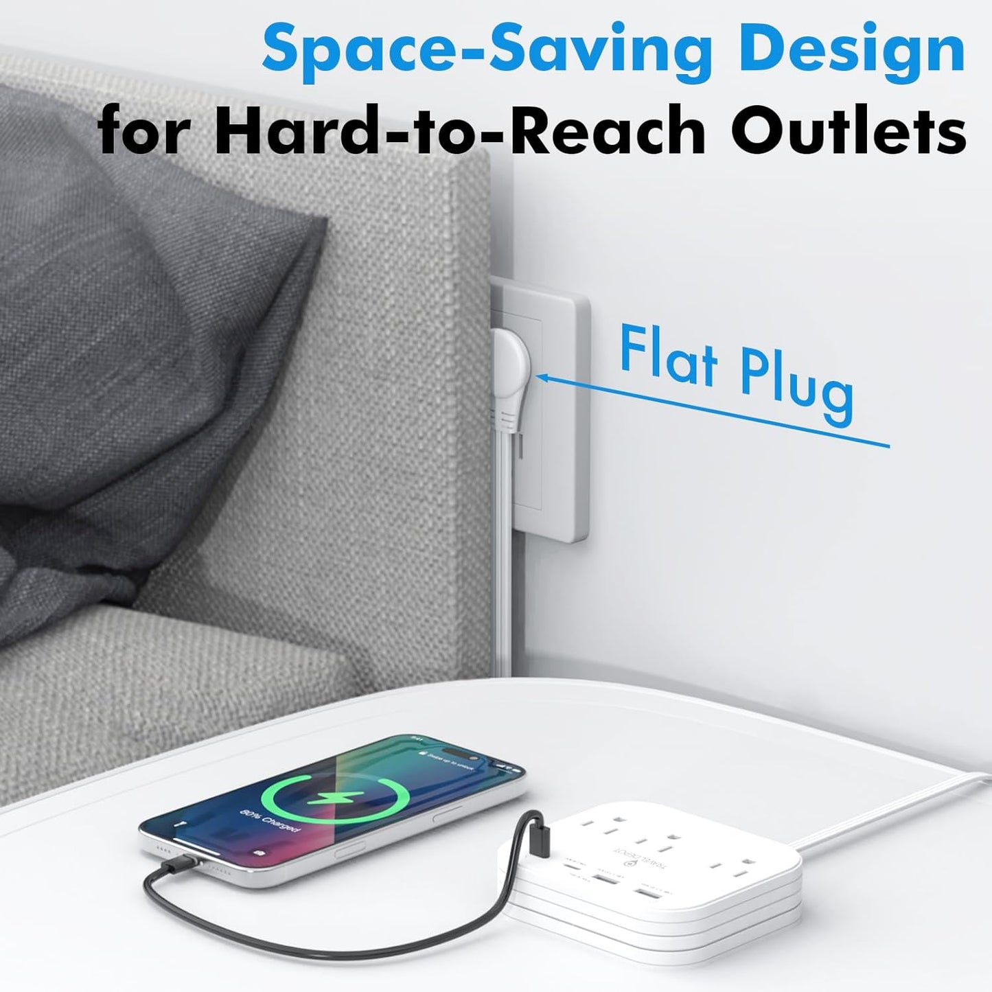 Cruise Essentials Flat Plug Power Strip, Durable 5 ft Extension Cord w/ 3 Outlets Extender & Built-In Type C Cable, 2 USB & 2 USB-C Ports, No Surge Protector for Cruise Travel, Dorm, Home