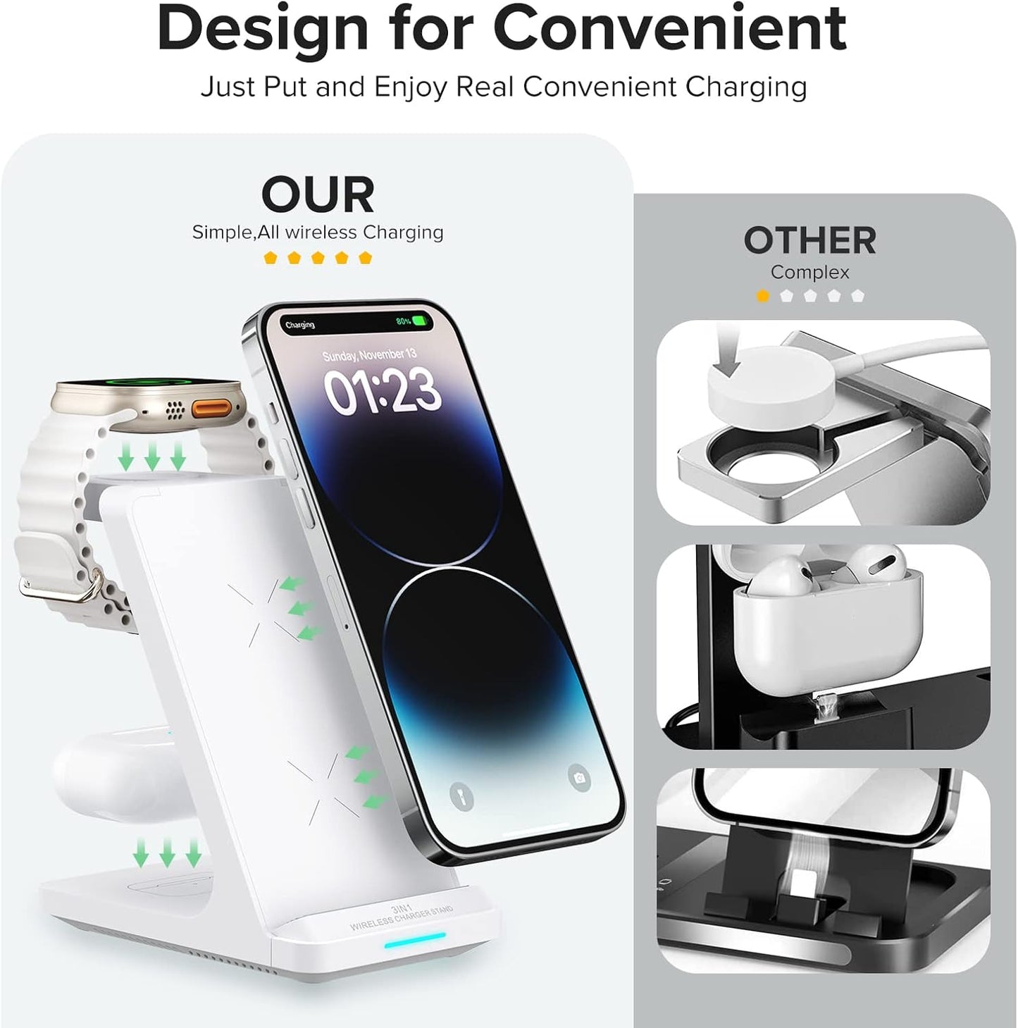Wireless Charging Station, 3 in 1 Fast Wireless Charger Stand for Multiple Devices Apple Watch Ultra Series 11 10 9 8 7 6 SE 5 4 3 2, iPhone 17 16 15 14 13 12 11 Pro Max/Plus/Air/X/XS/XR/SE, Airpods
