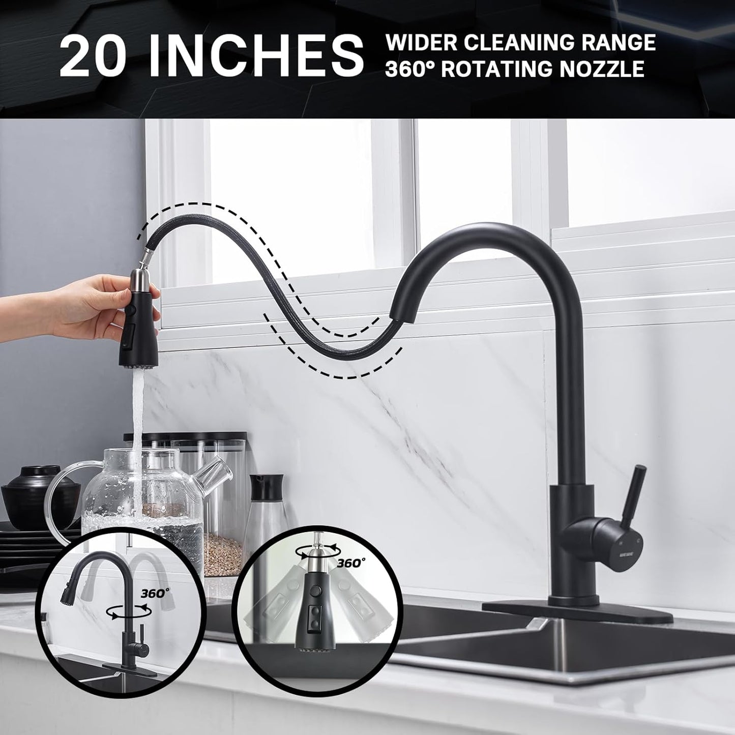 WEWE Black Kitchen Faucet, Kitchen Faucets with Pull Down Sprayer Commercial Stainless Steel Single Handle Single Hole Kitchen Sink Faucet for Farmhouse Camper Laundry Rv Bar