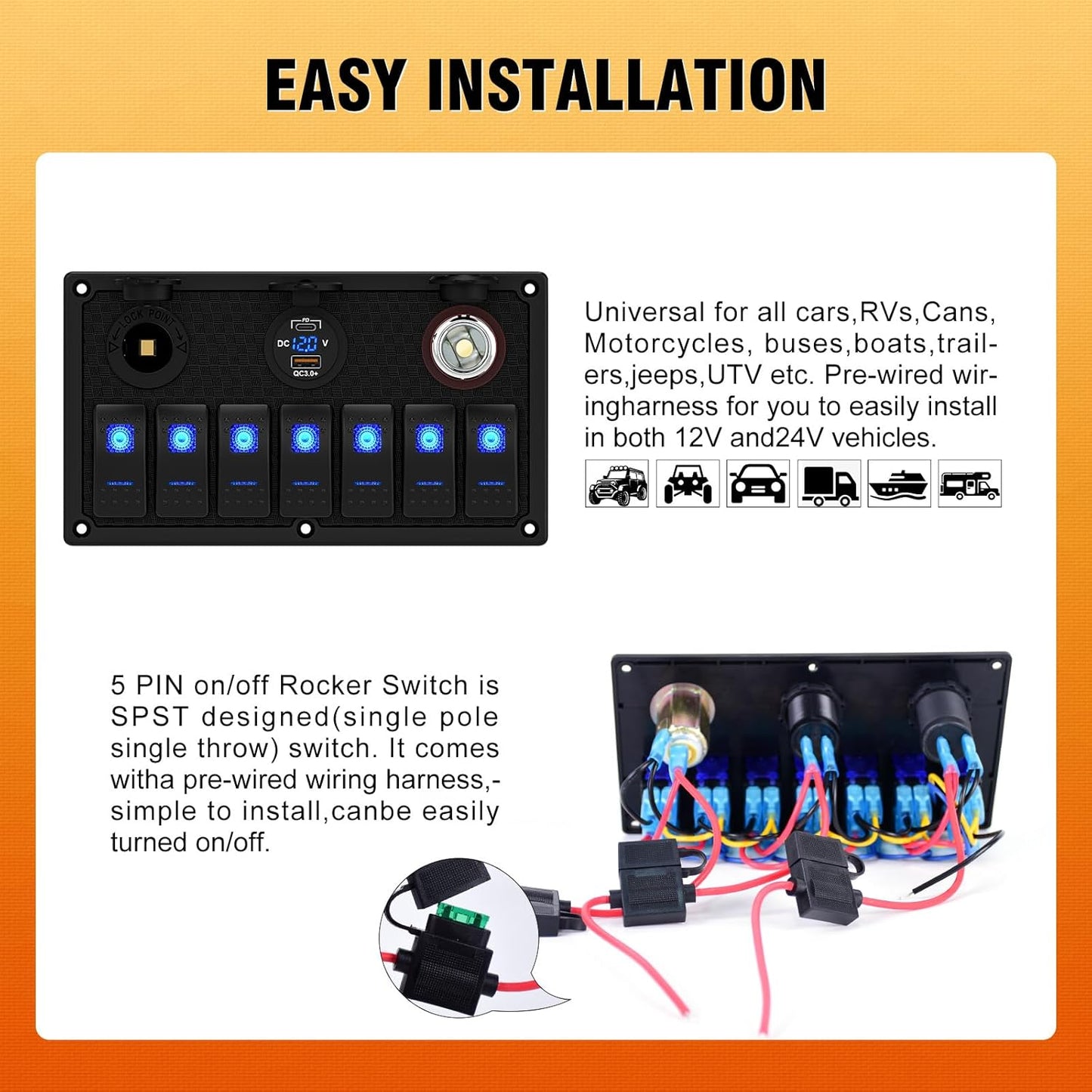 Marine Boat Rocker Switch Panel,Waterproof 5 Gang Toggle Switch Panel with Dual USB and Voltmeter Panel for RVs, Cars, Boats, Trucks,Trailers - 12-24V