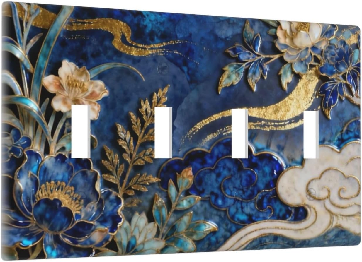 Decorative Light Switch Cover Plate Blue White Flower Gold Line Cloud 4 Gang Wall Plates for Electrical Outlets Quad Toggle Switch Plate Covers Outlet Covers Faceplate for Home Decor