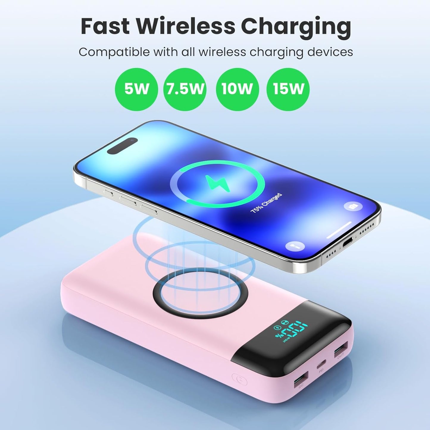 Wireless Portable Charger 40800mAh with 3 Built-in Cables,7-in-1 15W Wireless Charging Power Bank,25W PD QC 4.0 Fast Charging USB C LCD Display Battery Pack for iPhone 16/15/13,Samsung,Android-Pink