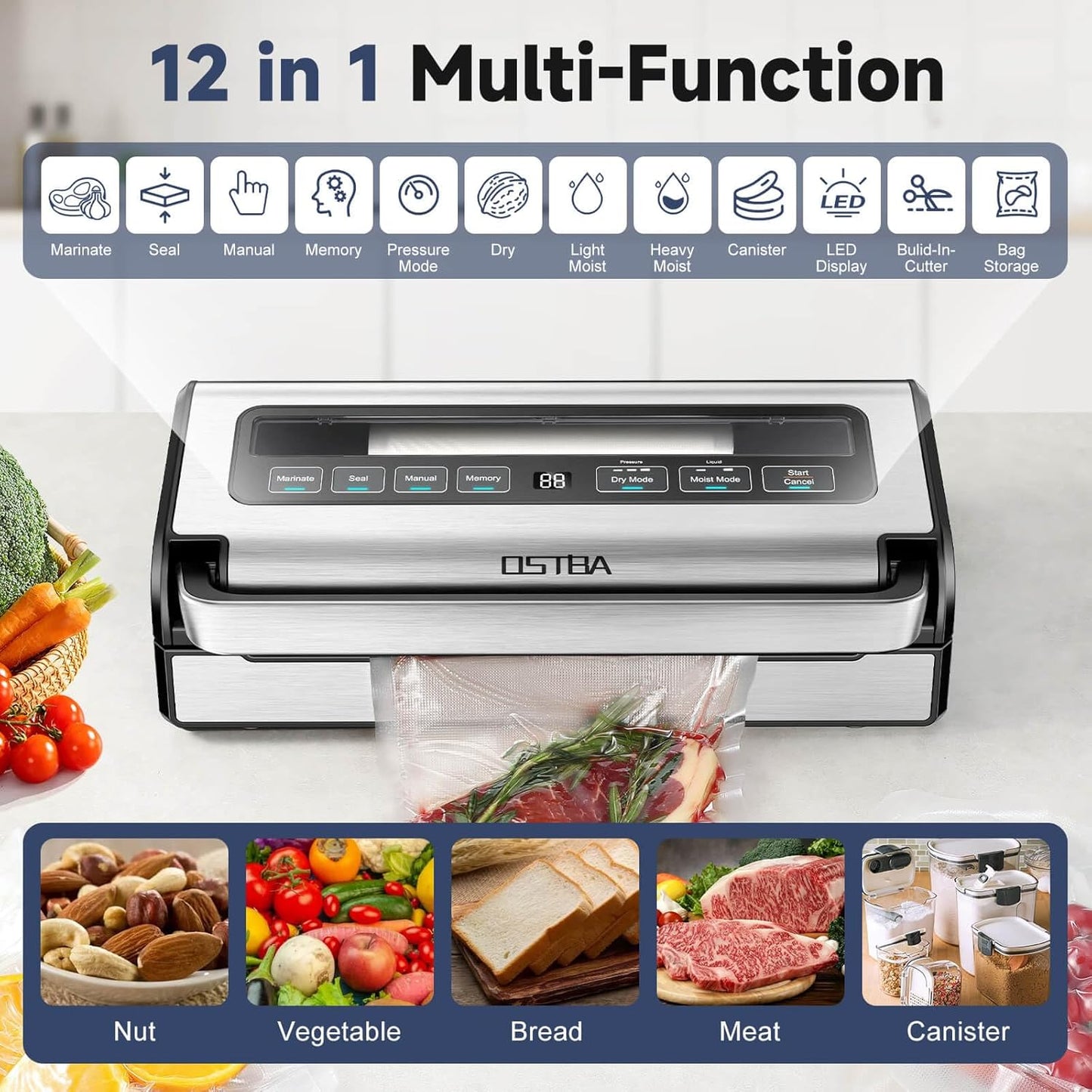 OSTBA 180W Vacuum Sealer Machine, 12-in-1 Double Pump Food Saver with Built-in Cutter & Bag Storage, Easy-Lock Handle, Dry & Moist & Marinate, Memory Function, Includes 1 Roll of Vacuum Bags & Hose