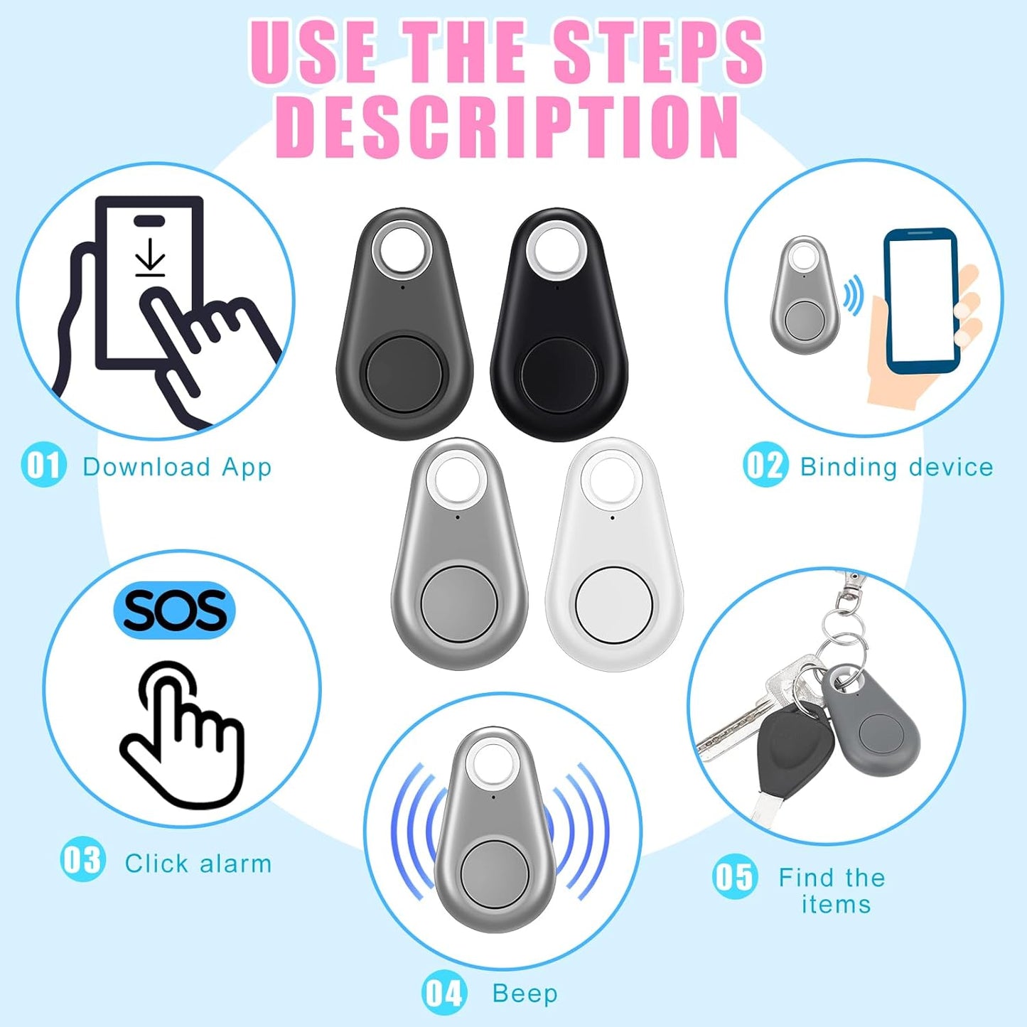 Flutesan 8 Packs Portable GPS Tracking Mobile Tracking Anti Loss Smart Device Key Finder Locator GPS Tracker Device for Pets Dog Cat Wallet Keychain Luggage, Alarm Reminder(Black, White, Gray)