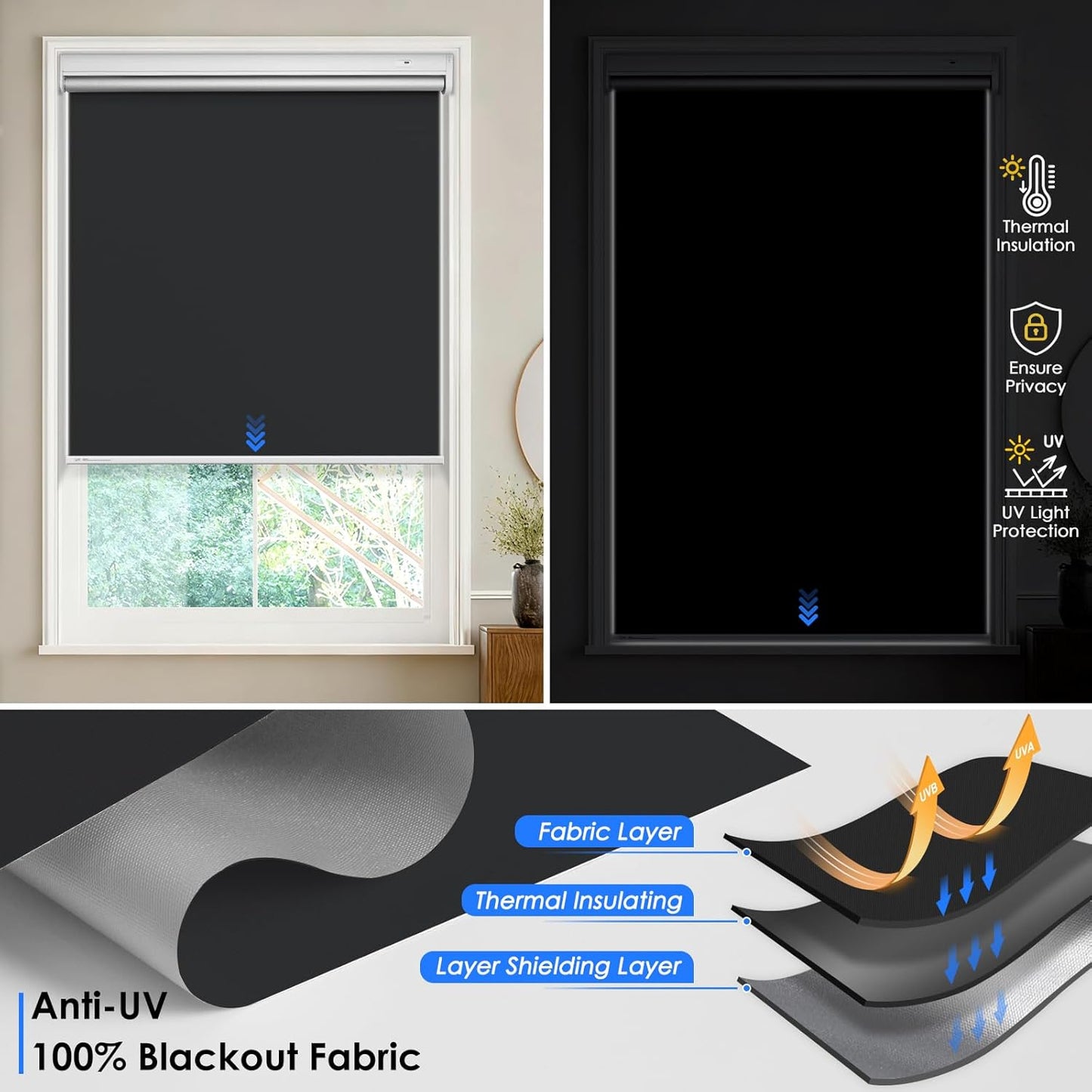 Motorized Roller Blinds with Remote Control & Solar Panel - 100% Blackout Smart Blinds, Automatic, Cordless, Electric Shades - Compatible with Alexa - Grey, 34" W x 72" H