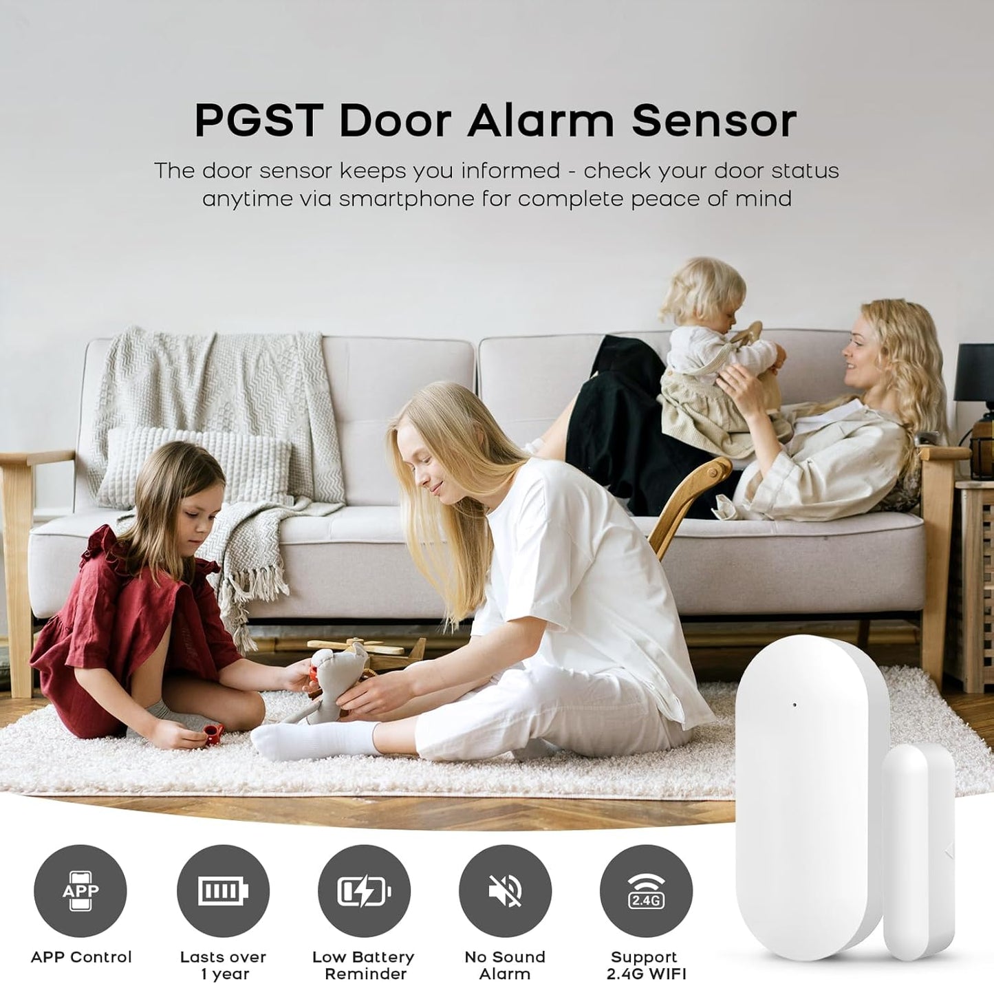 Door Alarm Window Sensors, Door Open Alarm Long Battery Life Wireless for Security Real-Time Notification WiFi Contact Sensor App Control No Monthly Fee, White (4-Pack)