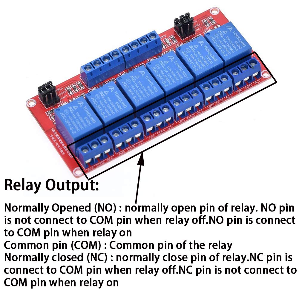 Relay Module with Optocoupler High/Low Level Trigger for Arduino (5, 5V Relay 6 Channel)