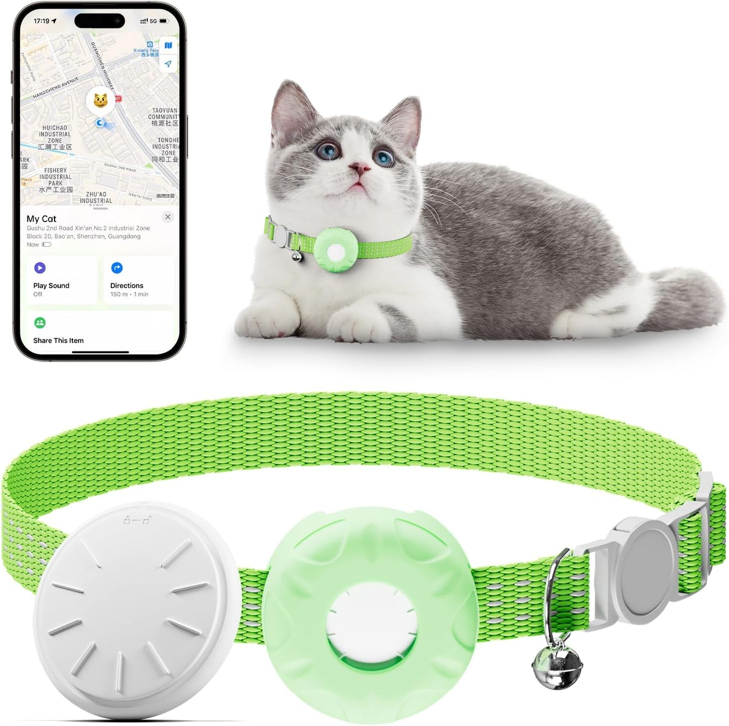 Cat Tracker, Waterproof Pet Tracker for Cats, Cat Tracker Collar with Safety Elastic Buckle, Compatible with Apple Find My App (Only iOS), No Monthly Fee, Light Green