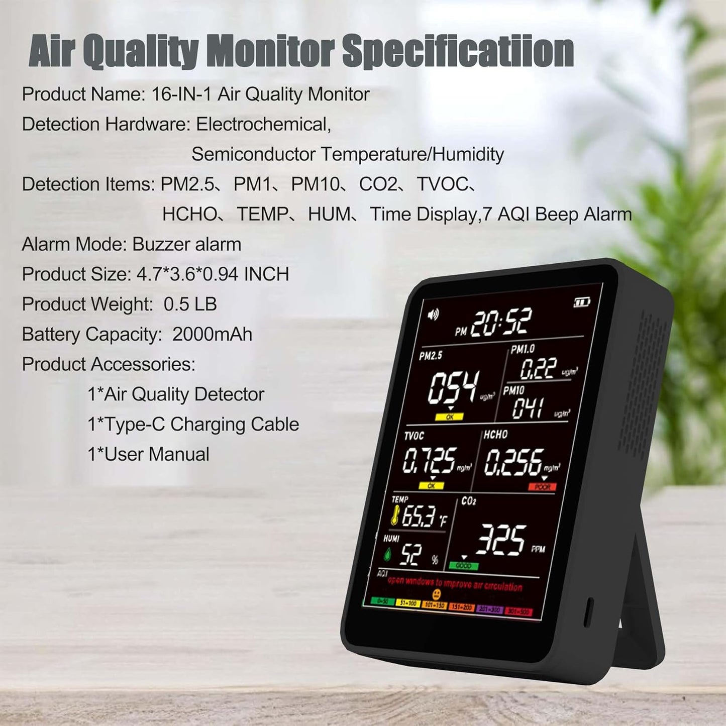 Professional Indoor Air Quality Monitor with AQI Alarms, Portable Real-Time Detector for Home Cars Plants and Pets (Glossy Black)