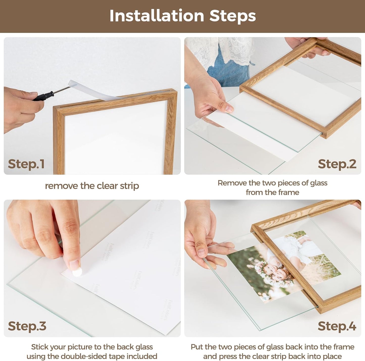 Axeman 10x10 Floating Picture Frame -Solid Oak Wood Square Picture Frame, Double Tempered Glass Photo Frame 3x3 4x4 5x5 6x6 8x8 10''x10'' Wood Frame, Wall Mount Or Tabletop Standing, Natural