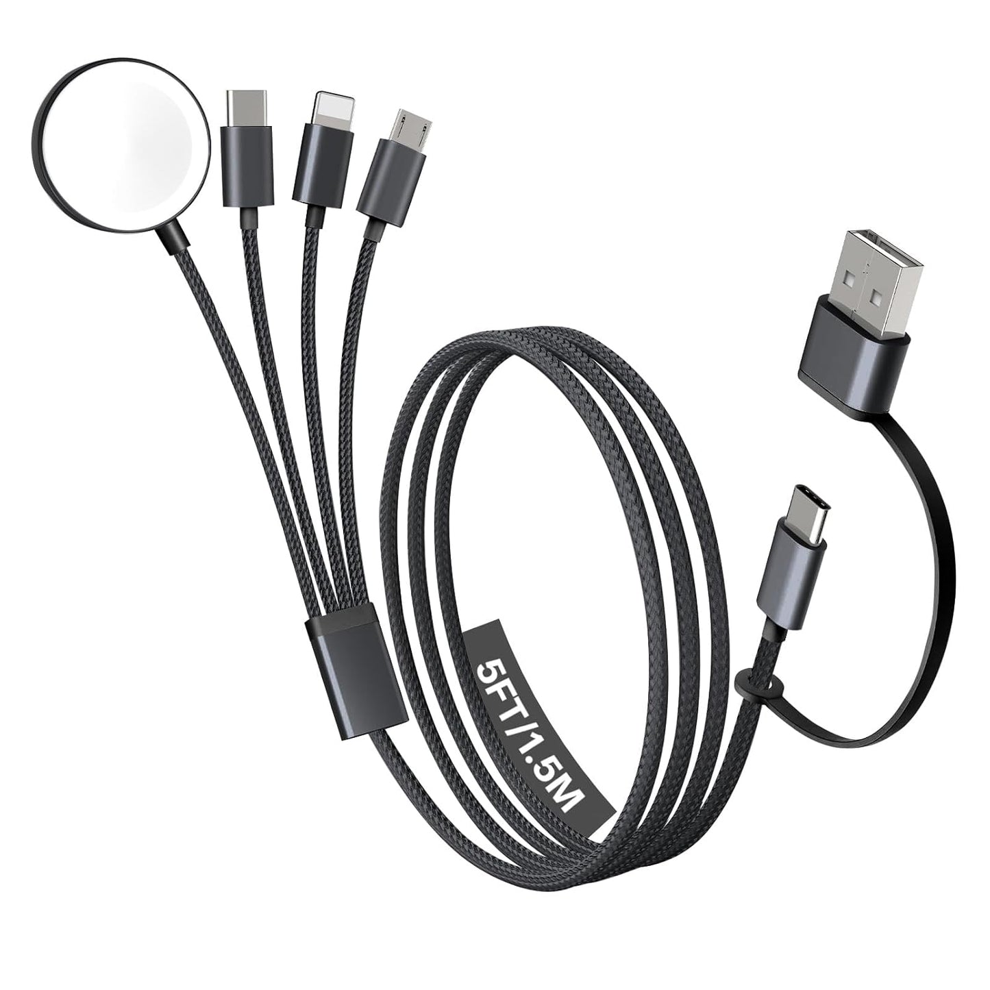 Travel Essentials, 4 in 2 Multi Charging Cable for Apple Watch Charger/iPhone Charger,USB C Cable Cord for iPhone 17-11/iWatch Ultra/10-2/Galaxy S25-S20, Android Phones, Kindle, MP3-Black,5FT