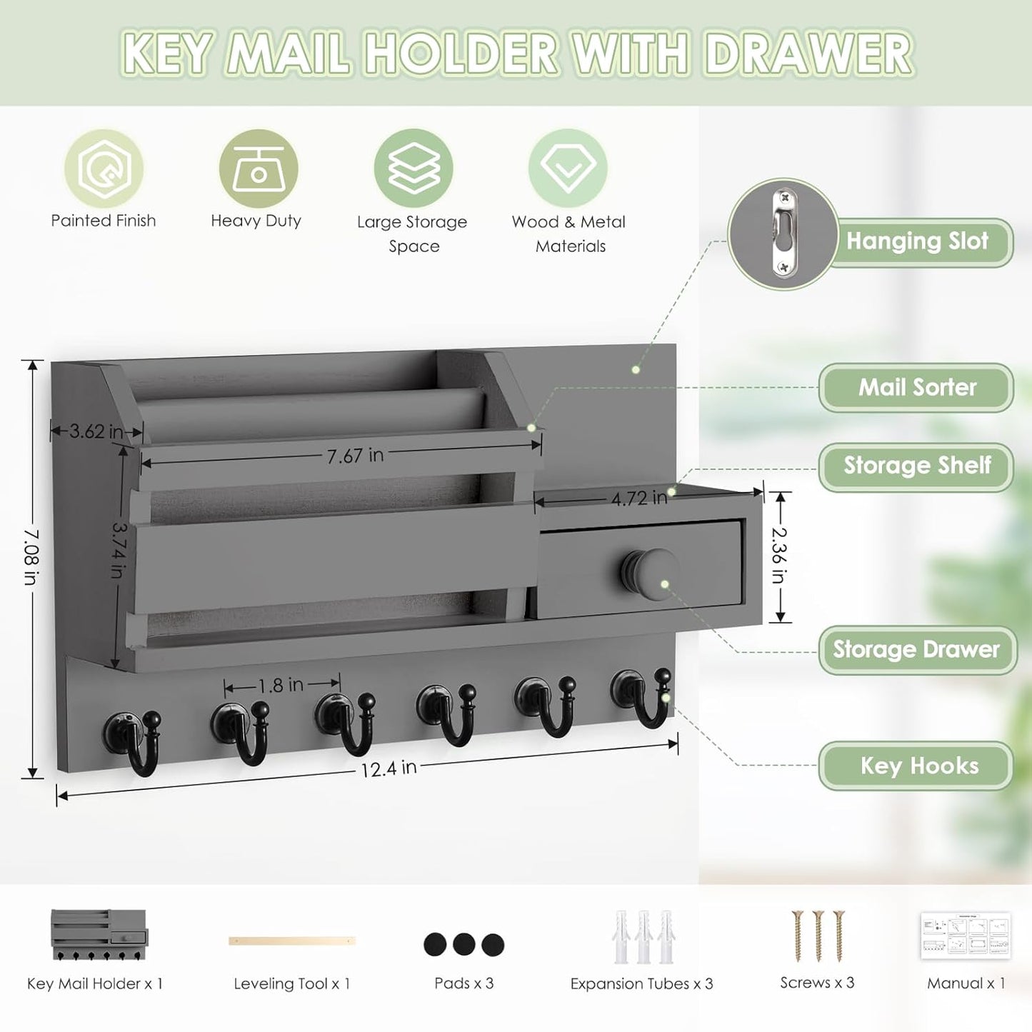 VIS'V Key Holder Wall Mount, Wooden Mail and Key Organizer with Drawer and Shelf, 2 Slots, 6 Hooks, Grey