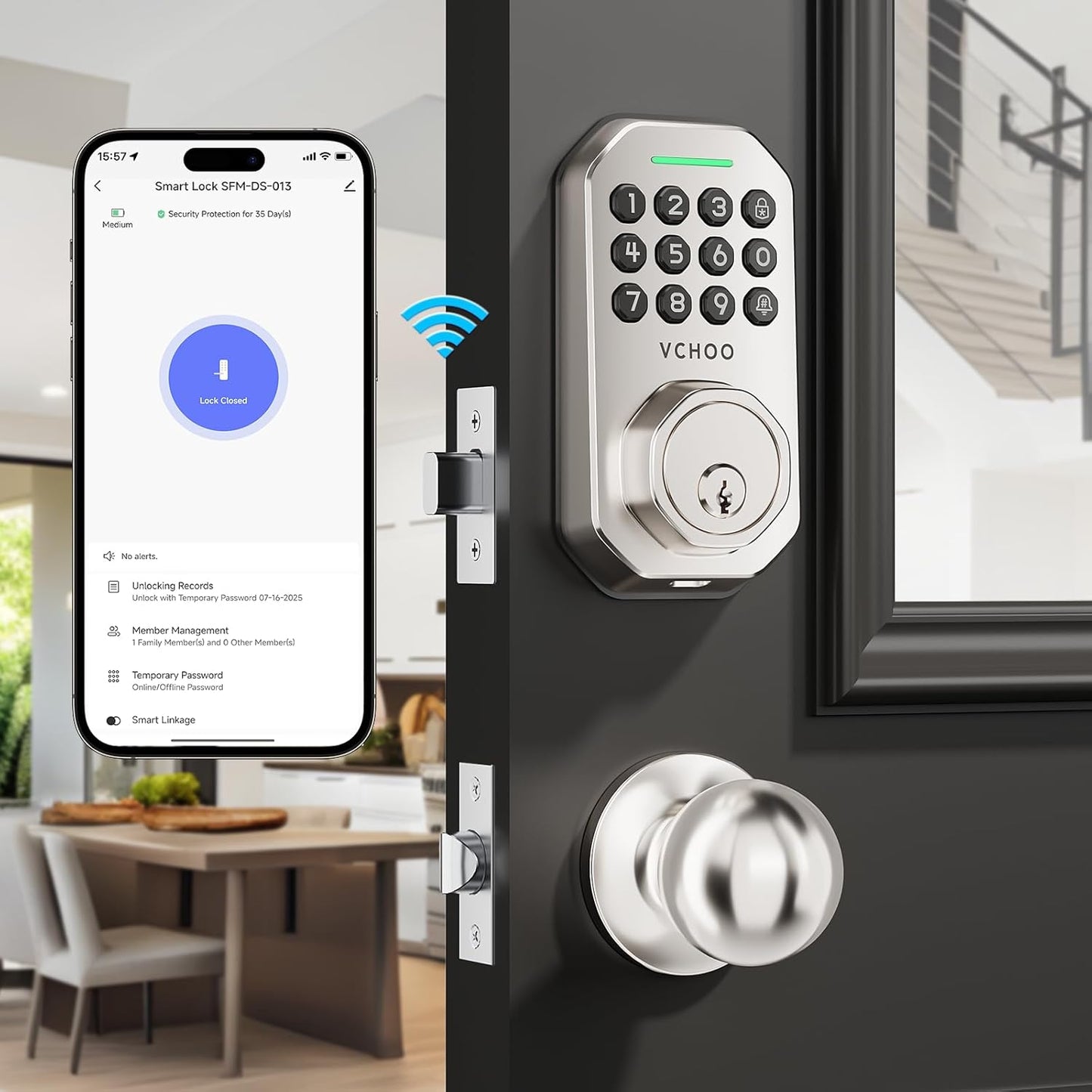 Keyless Entry Door Lock with 2 Knobs App Control Smart Locks for Front Door WiFi Door Lock Set Automatic Lock One Time Password Anti Peeping Password IP54, Satin Nickel