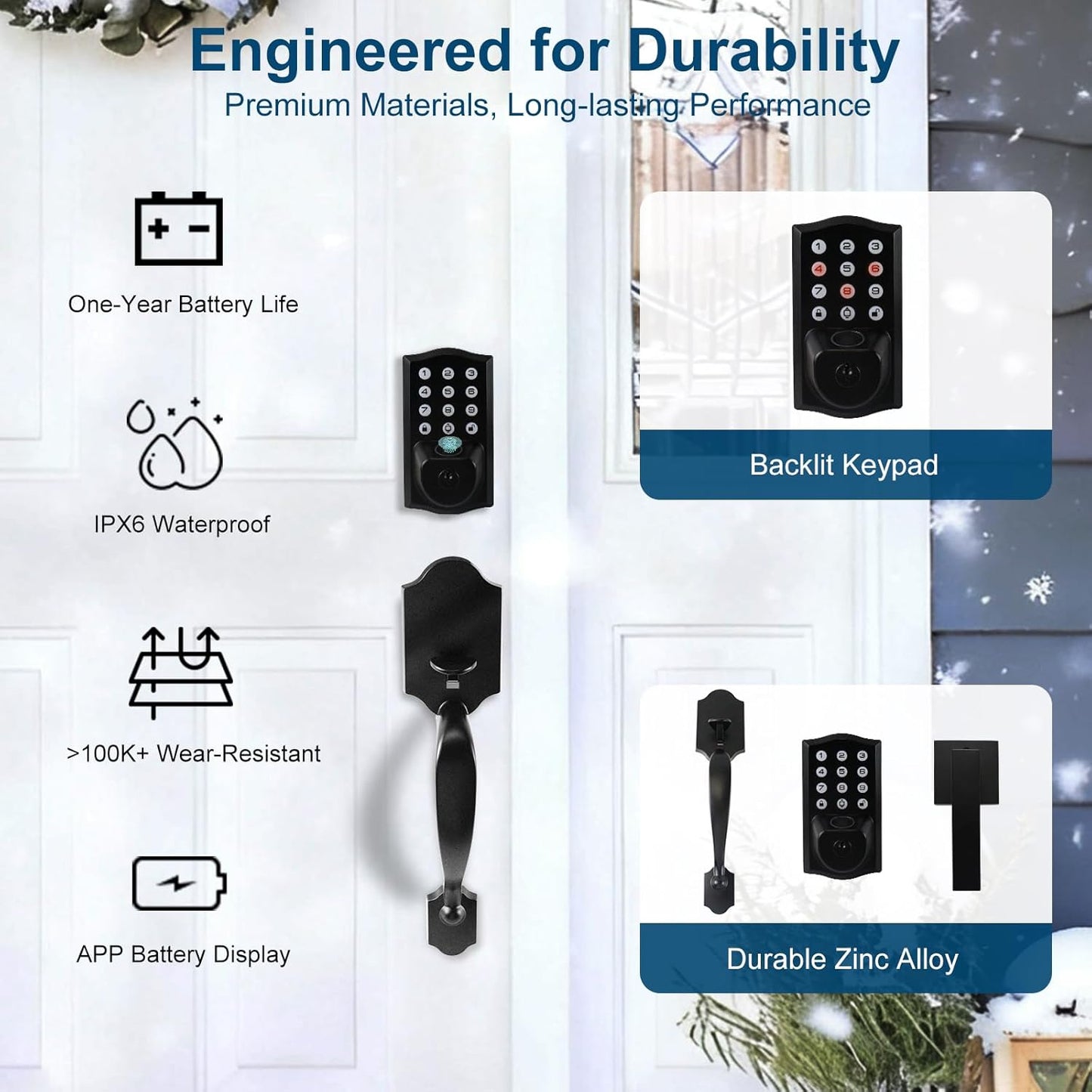 Fingerprint Smart Door Lock, Keyless Door Lock with Handle, Built-in WiFi Keypad Deadbolt Set for Front Door, Waterproof Smart Electronic Deadbolt, App Remote Control, Easy to Install Matte Black