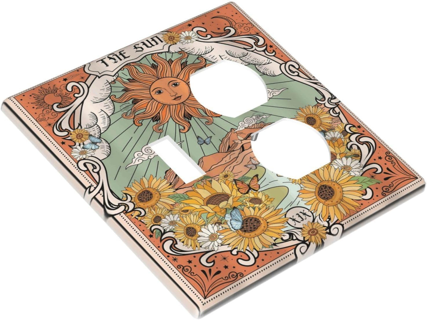 Boho Retro Sun Sunflower Vintage Flower Butterfly Wallplates 1 Toggle 1 Duplex Switch Plate Electrical GFCI Faceplate Decorative Light Switch Covers for Farmhouse Home Decor