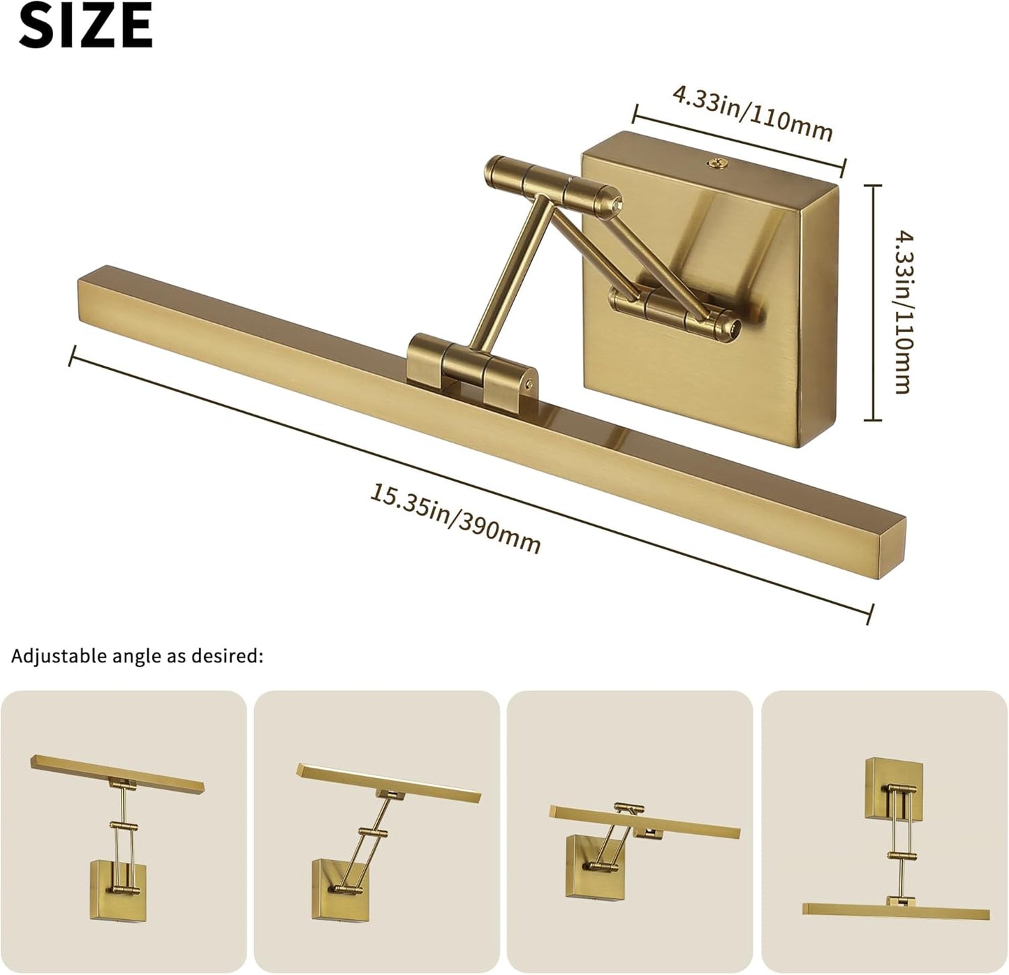 Hard-Wired Picture Light Dimmable LED Picture Lights for Paintings 15.7" Inch Brass Metal Body Wall Pictures with Adjustable Gold Swing Arm Art Display Lamps 7W 3000K Warm White Book Light