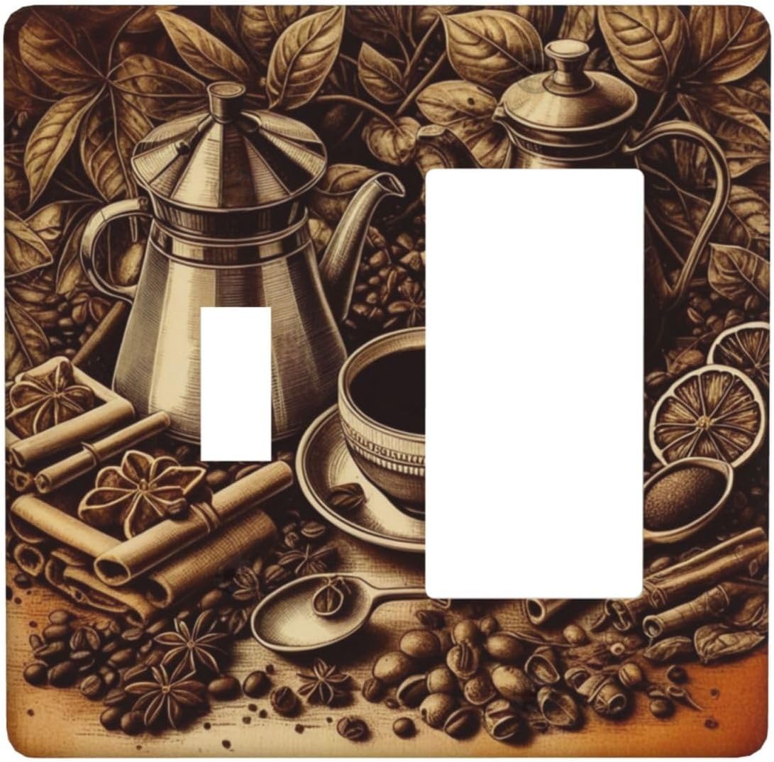 Decorative Outlet Covers Vintage Coffee Beans Leaf Cup 2 Gang 1 Gang Wall Plate Cover Single Toggle Rocker Combo Light Switch Cover Plate Face Plate for Kitchen Decor