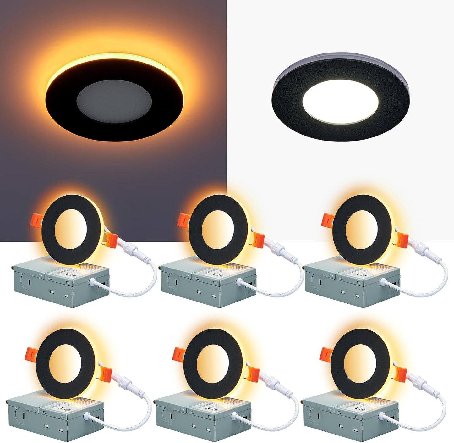 CycevSun 3 Inch Black LED Recessed Lights with Night Light, Dimmable & 5CCT Selectable Canless Downlight Wafer Outdoor Soffit, 6W, ETL, IC Rated, 6 Pack