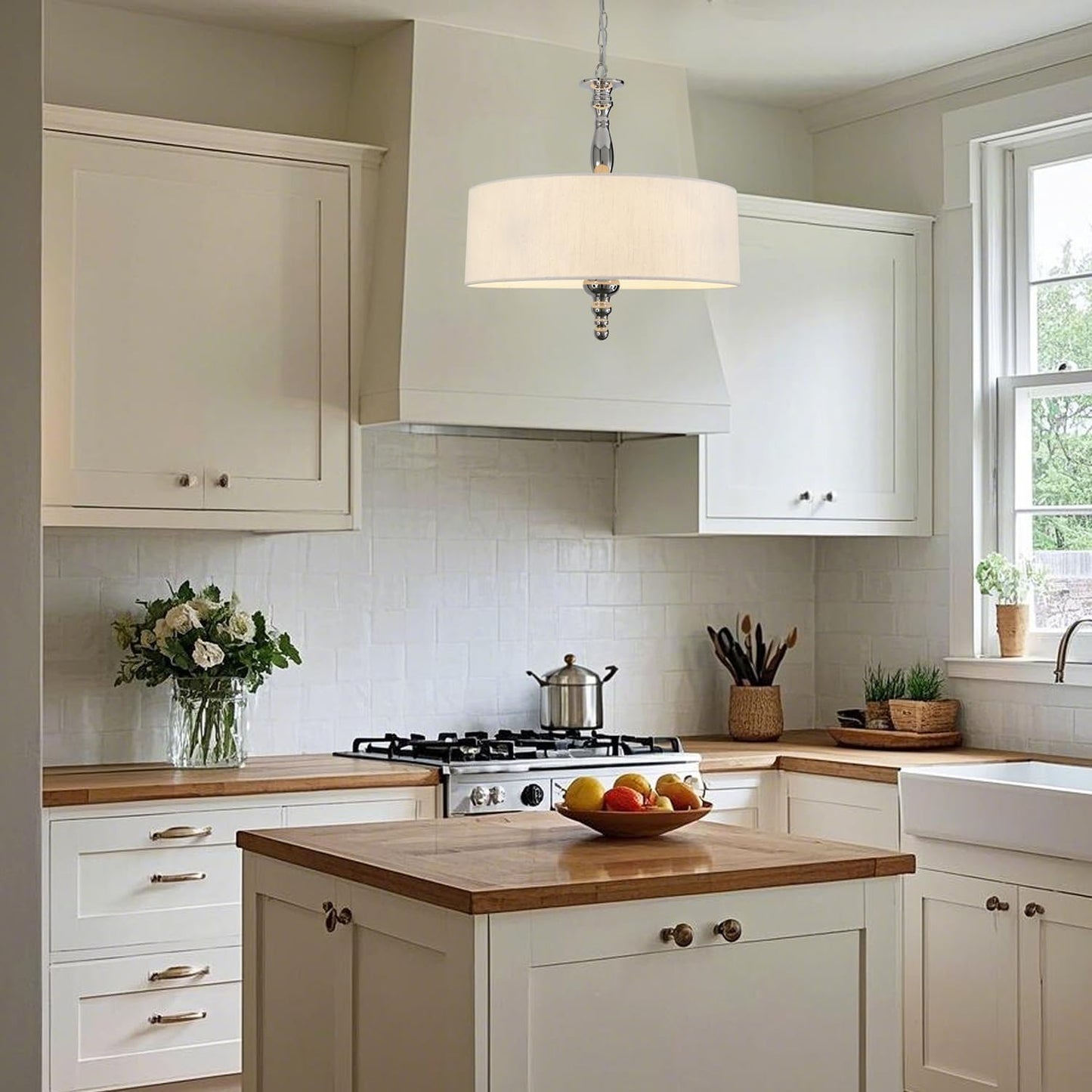 4-Light Drum Chandeliers, Drum Pendant Light Fixture Beige Linen Fabric Shade, Kitchen Chandeliers Over Table,Adjustable Hanging Light Fixture for Dining Room,Brushed Nickel