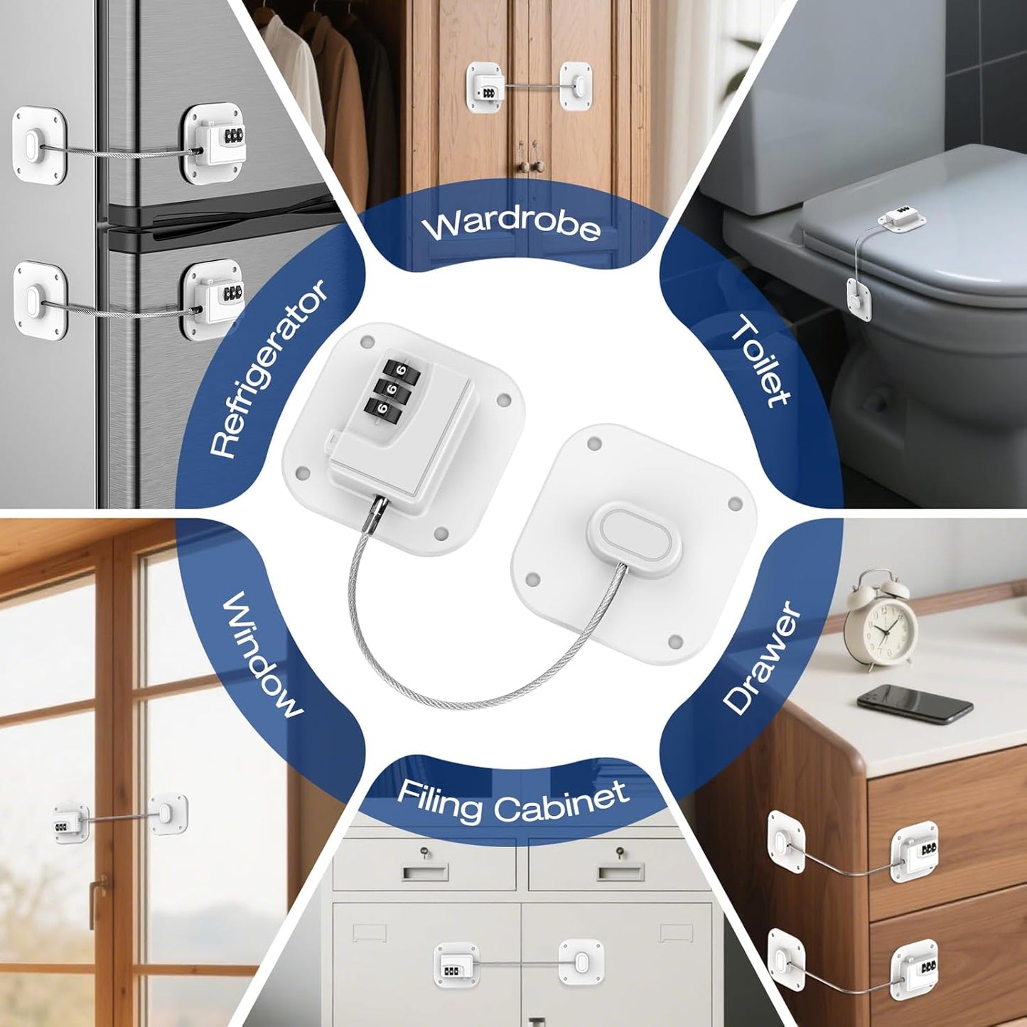 Fridge Refrigerator Lock with Combination, Heavy Duty Lock for Cabinet, Drawers, Closet, Safety Easy Install No Keys Needed (White-4Pack)