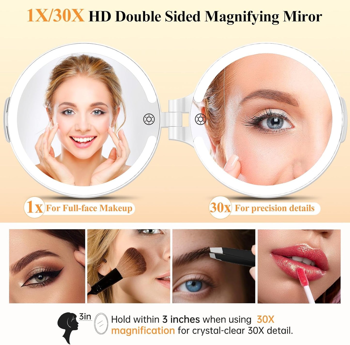 FUNTOUCH Magnifying Mirror 30X 1X Double Sided Magnification Makeup Vanity Mirror Rechargeable Lighted Mirror with 3 Color Setting Adjustable Rotation LED Vanity Desk Mirror