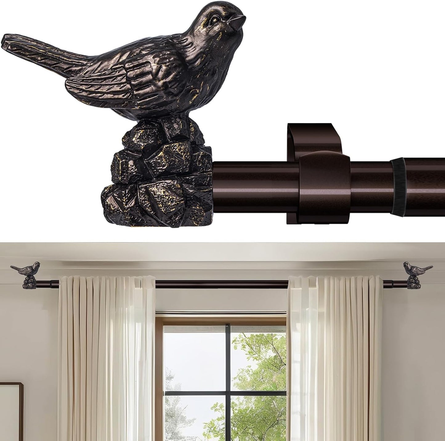 Curtain Rods 36"-120" Vintage Oil Bronze Curtain Rods for Windows Adjustable Drapery Rod with Bird Finials Heavy Duty Brown Curtains Rod for Living Room Bedroom