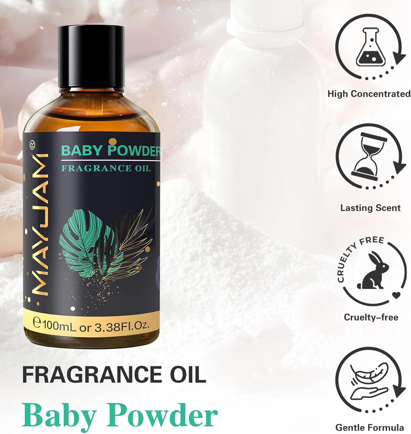 MAYJAM 100ML/3.38FL.OZ Baby Powder Fragrance Oils with Glass Dropper, Essential Oils for Diffusers for Home, Long Lasting Scented Oils for Diffusers Soap Candle Making
