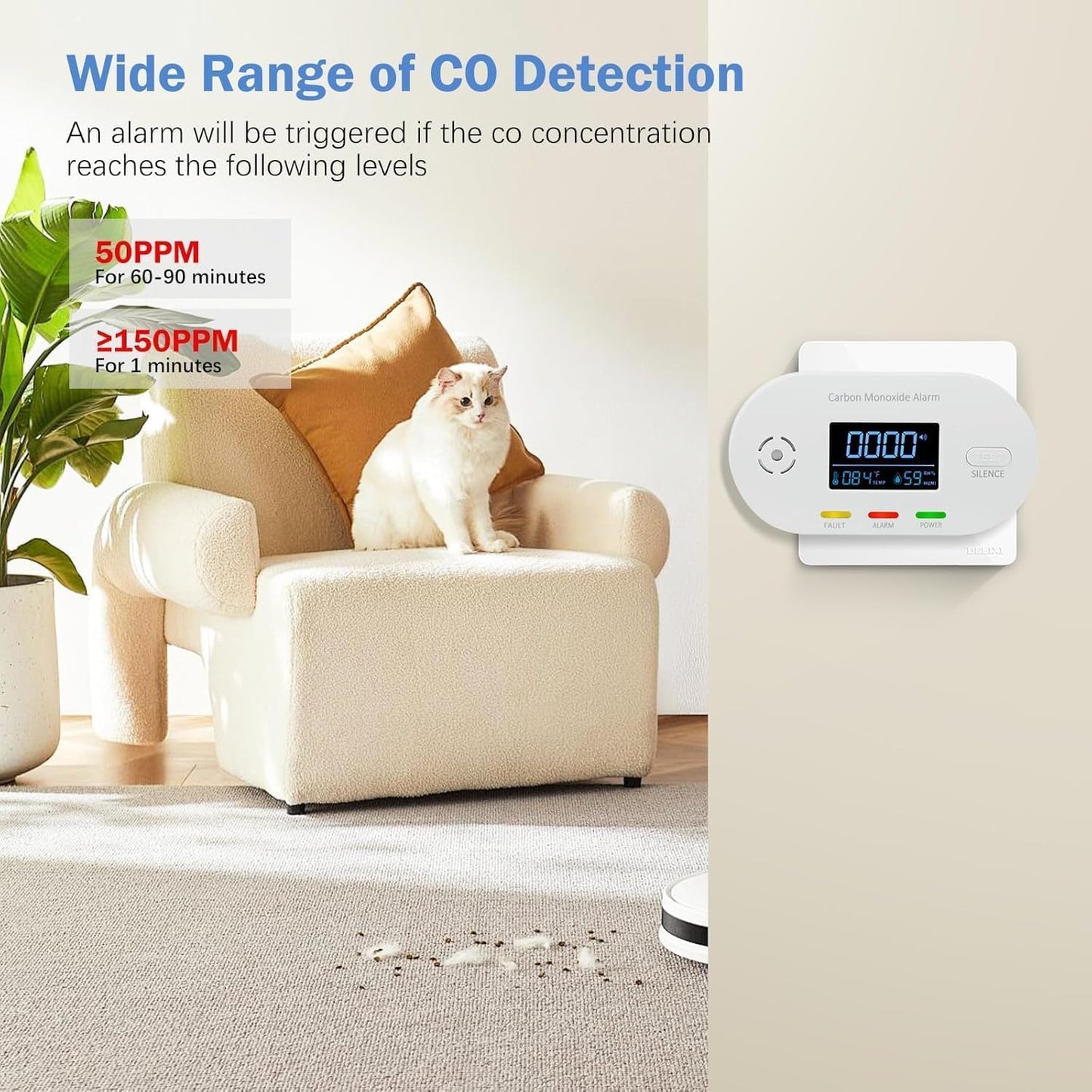 Carbon Monoxide Detectors, 3 Pack Plug in Carbon Monoxide Detector with CO Alarm Monitor Temperature Humidity Sensor,3-in-1 CO Detector with LCD Display for Home/Kitchen/Hotel/Bedroom (White)