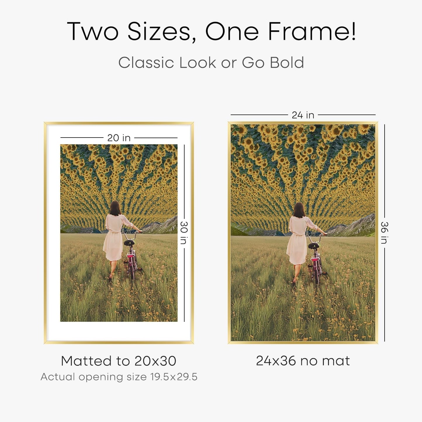 Homeforia 24x36 Gold Picture Frame, High End Metal 24 x 36 Large Poster Frames with Mat 20 by 30 inch Photo, 24x36 Gold Frame Matted to 20x30 for Print, 36x24 Frame, Tempered Glass, Wall Kit, Set of 2