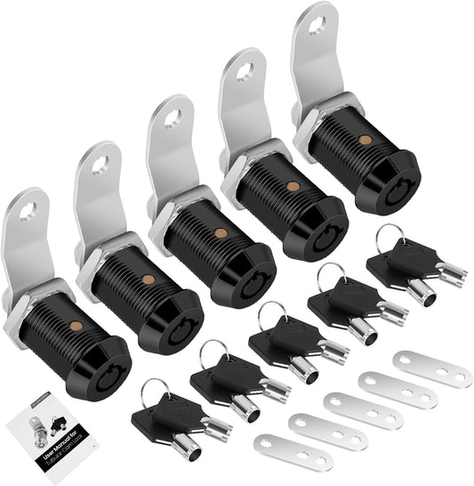 5 Pack Cabinet Lock with Keys, 1" RV Storage Locks Keyed Alike, RV Locks for Storage Door, Camper Toolbox RV Cam Locks with Manual(Black, 5Pack, 1 Inch)