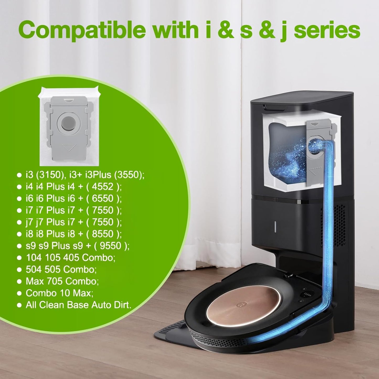 8 Pack Vacuum Bags for iRobot Roomba, Effective Dust Filtration, Compatible with i3+ i4+ i5+ i6+ j6+ i7+ j7+ i8+ J8+ J9+ s9+ 104 105 405 505 705 Combo & All Clean Base Auto Dirt Disposal bag