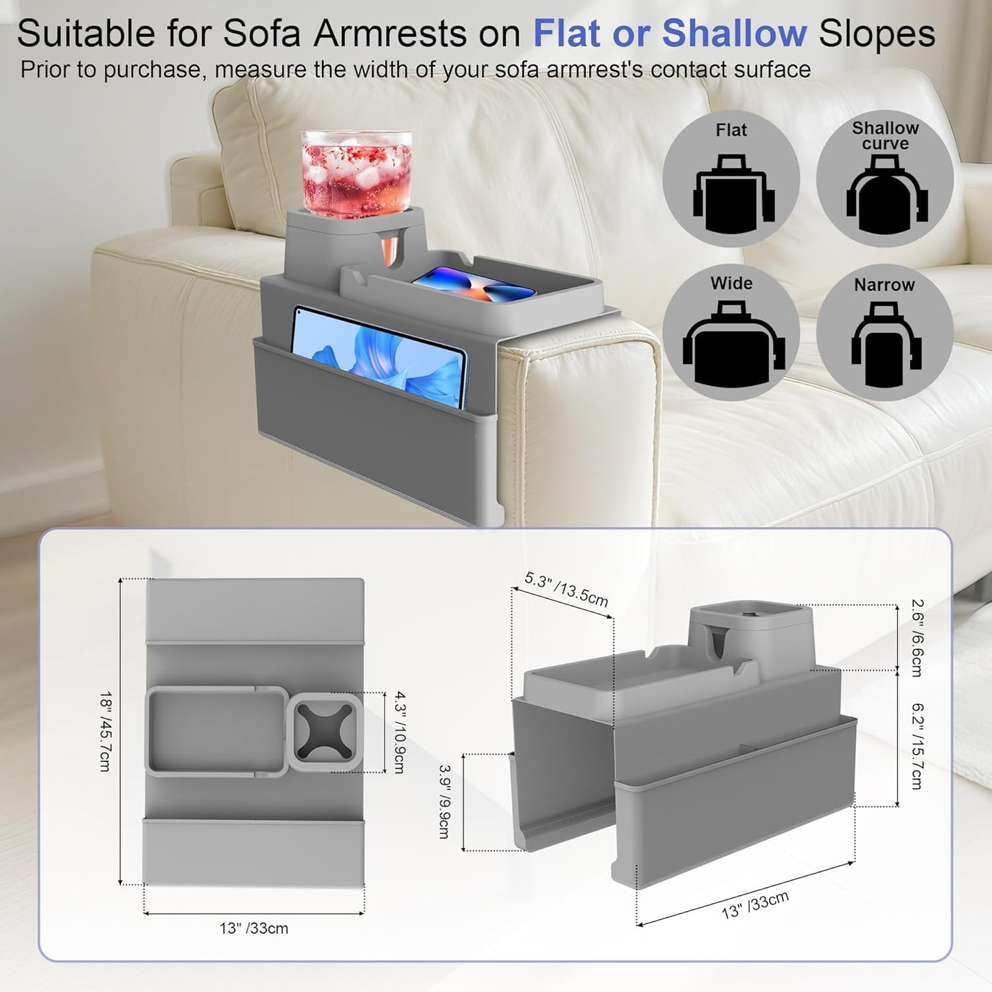 KindGa Couch Cup Holder Tray，Super Large Silicone Sofa Armrest Tray with Side Pockets，Anti-Slip Couch Caddy for Drinks/Phone/Remote/Snacks Sofa Table Organizer，Fathers Day Dad Gifts -Slate Gray