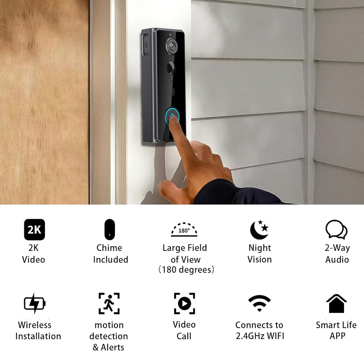 TTJ Video Doorbell Camera 2K with Chime, No Monthly Fee, Head-to-Toe View, 180° Large Field of View,Night Vision，AI Motion Detection, 4000mAh Battery Powered, 2.4GHz WiFi Only, IP65 Weatherproof