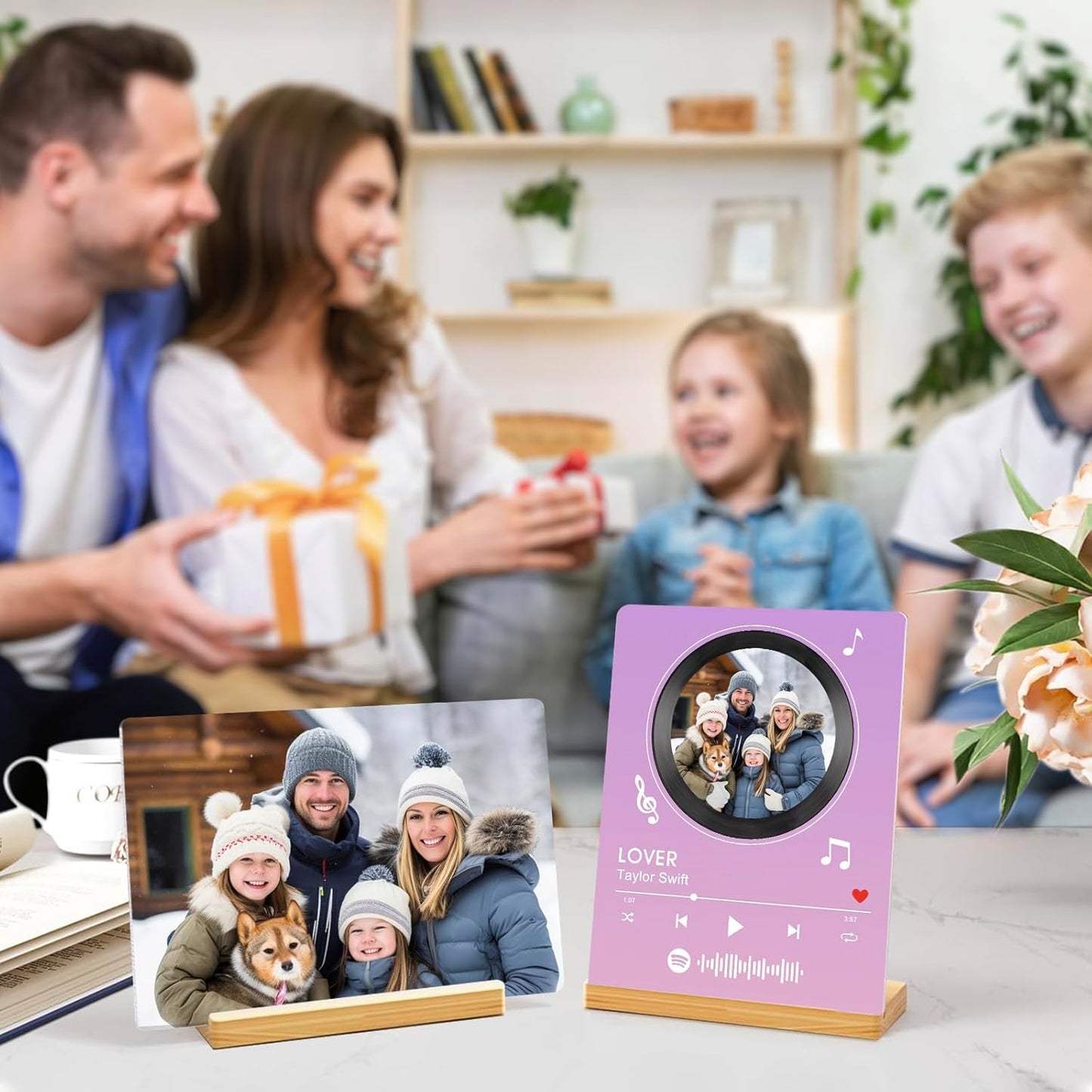 Custom Photo Prints - Metal Desktop Picture Frame with Photos & Spotify Song Plaque & Wooden Base Personalized Gifts for Family Friends and Lovers, Optional Multiple Sizes