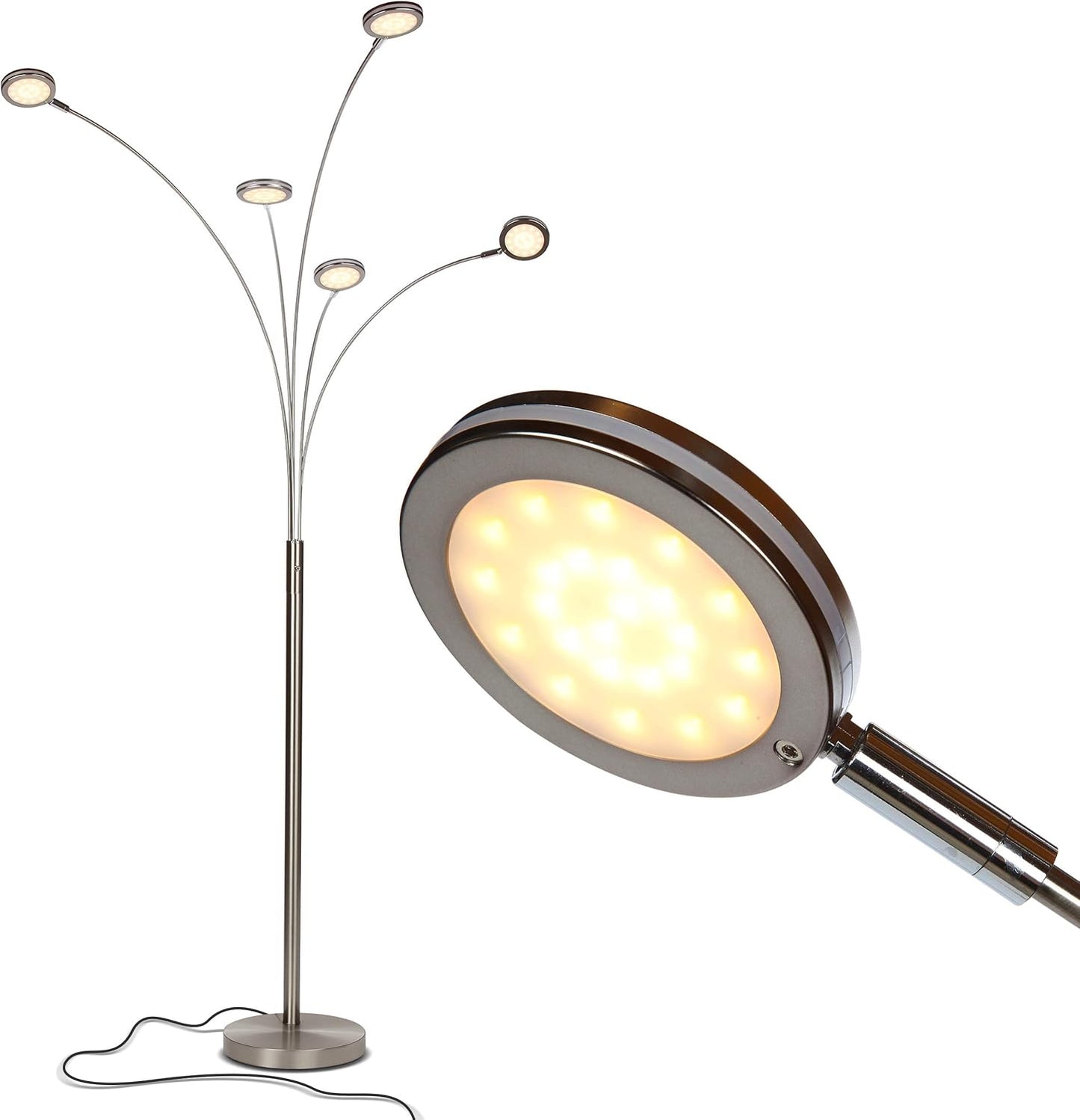 Brightech Orion Arc Floor Lamp for Living Room, Tree Floor Lamp with 5 Adjustable Arms, Multi-Head Standing Lamp with Flexible Rotating LEDs for Bedroom, Dorm - Bright Hanging Lighting - Satin Nickel