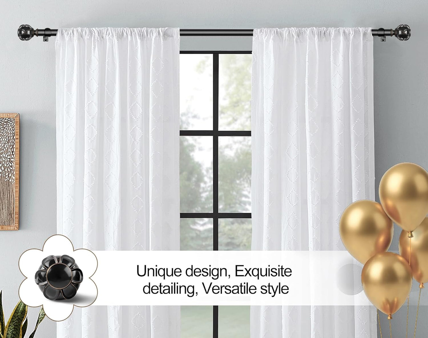 KAMANINA Black Curtain Rod 32 to 58 Inch(2.6-4.8Ft), Adjustable Heavy Duty Curtain Rods for Windows 28 to 48 Inch, 7/8 Inch Drapery Rods with Decorative Netted Texture End