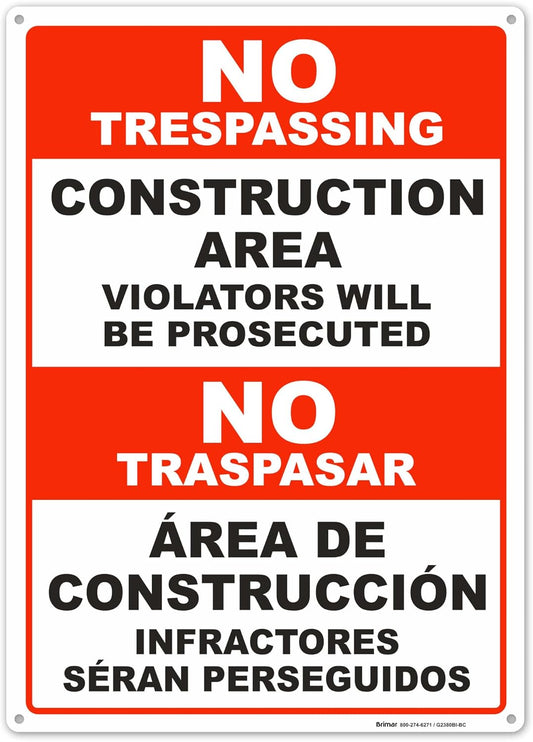 Brimar - 10" x 14" - Bilingual Construction Area Violators Will Be Prosecuted Sign - .055″ Polyethylene Plastic - Bold Text And Symbol - Easy Installation