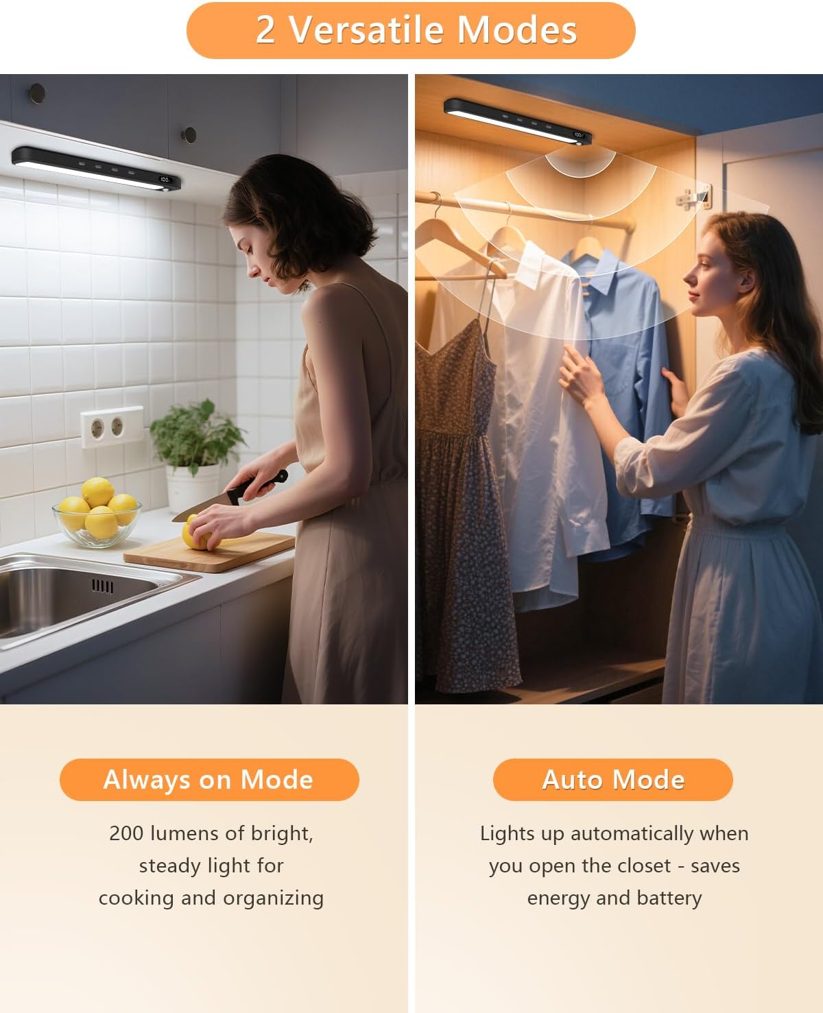 WILLED Under Cabinet & Closet Lights, Motion Sensor, Rechargeable, Magnetic, 3 Color Temps, Dimmable LED Light Bar for Indoor Kitchen Counter (2 Pack, Black)